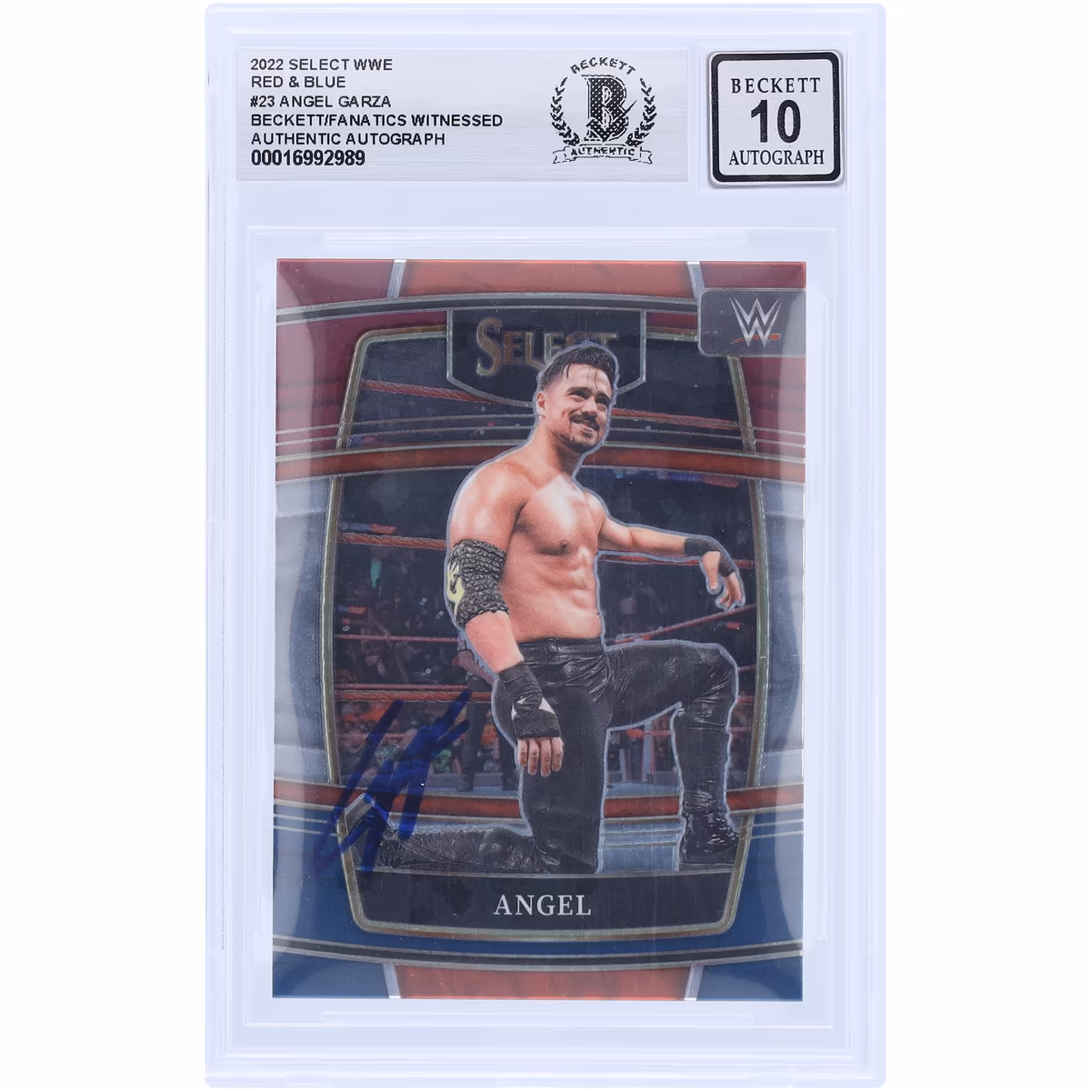 Angel Garza WWE Autographed 2022 Panini Select Red & Blue #23 Beckett Fanatics Witnessed Authenticated 10 Card