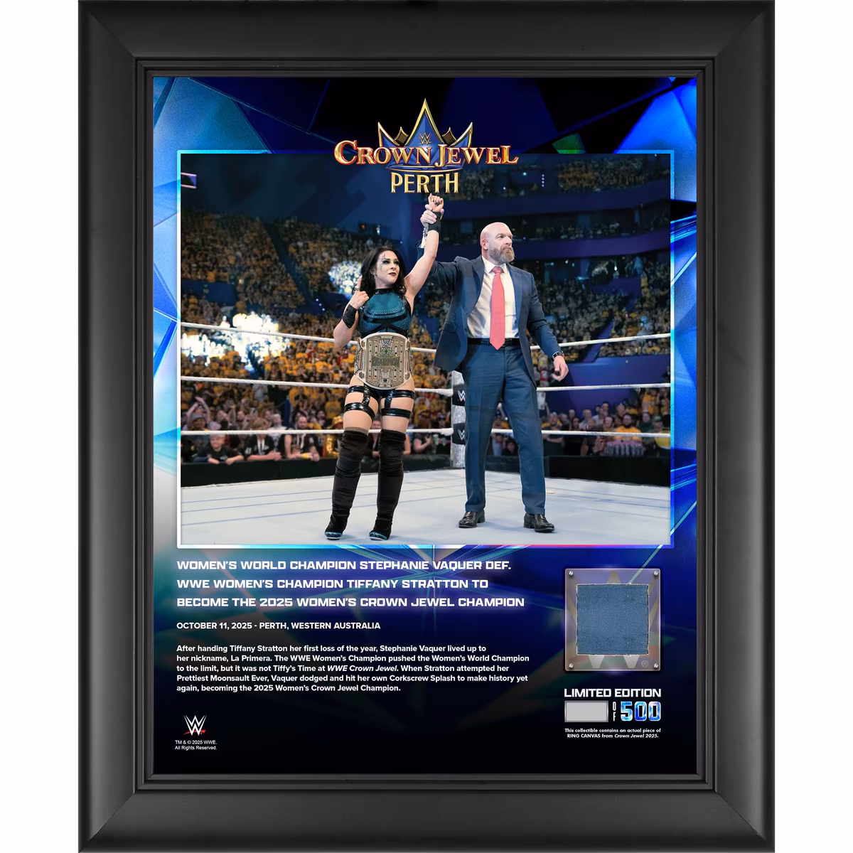 Stephanie Vaquer WWE Framed 13" x 16" Crown Jewel 2025 Collage with a Piece of Match-Used Canvas - Limited Edition of 500