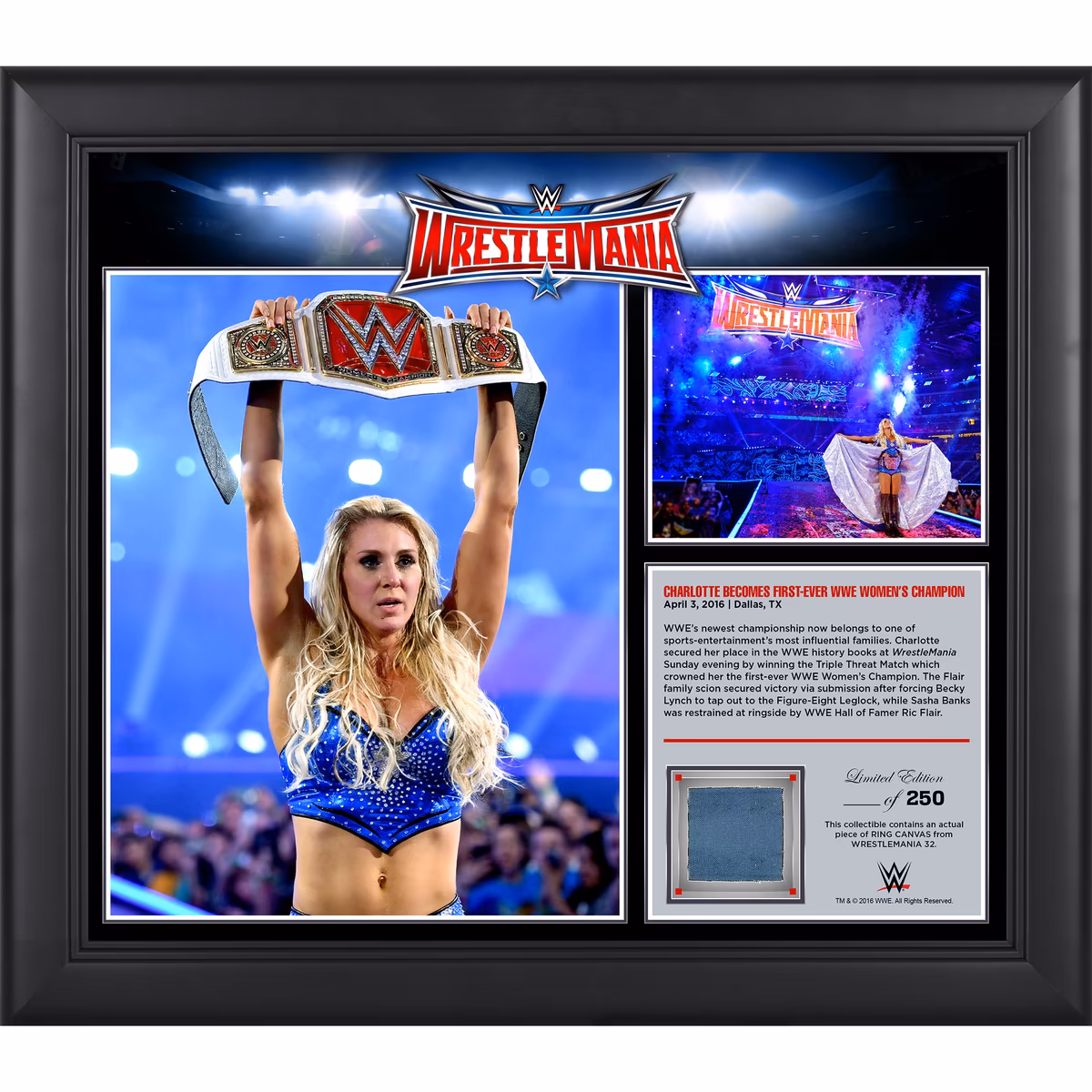 Charlotte Flair Framed 15" x 17" WrestleMania 32 Collage with a Piece of Match-Used Canvas - Limited Edition of 250
