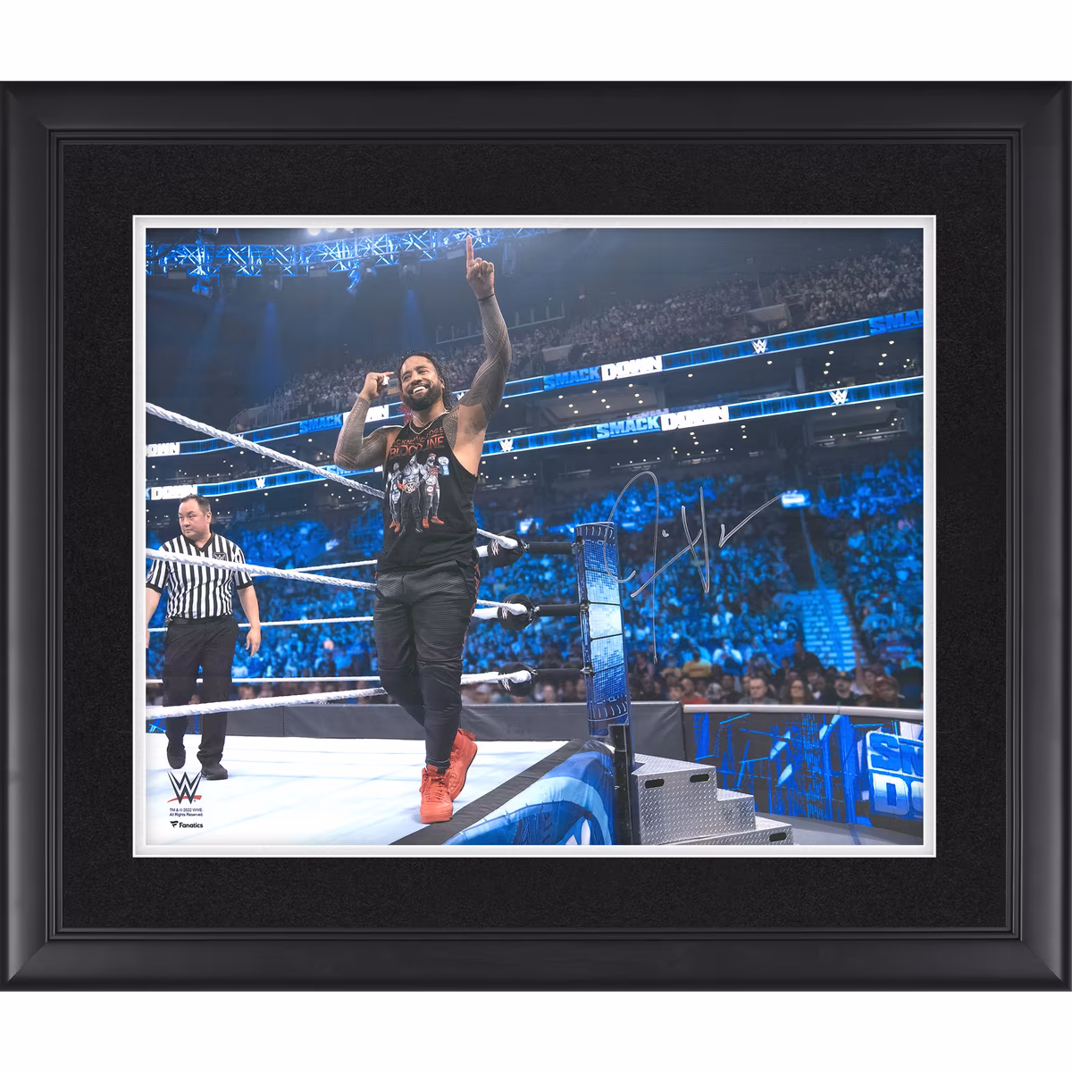 Jimmy Uso WWE Autographed Framed 16" x 20" On Ring Apron 1's Up Photograph 13 Jimmy Uso WWE Autographed Framed 16" x 20" On Ring Apron 1's Up Photograph