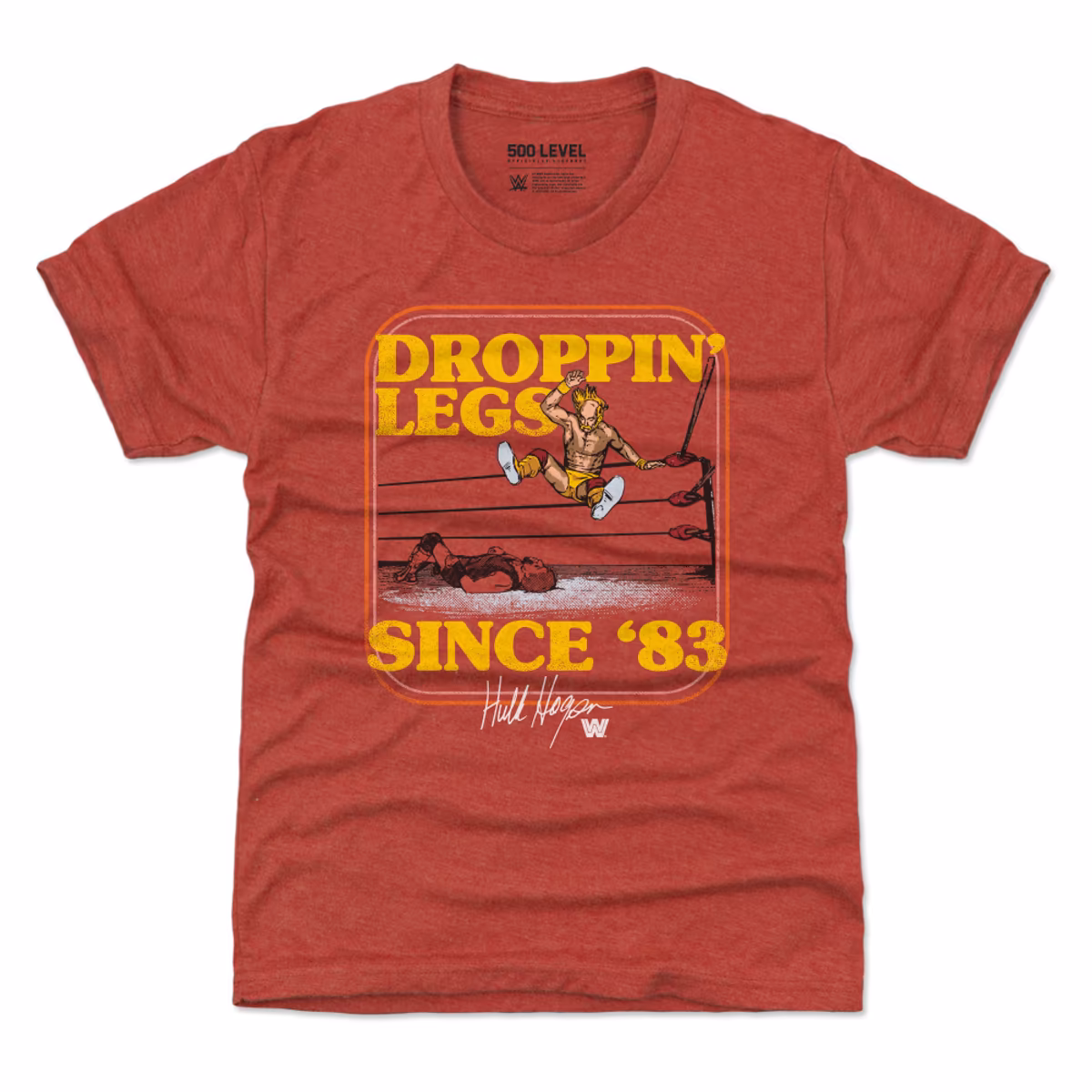 Youth 500 Level Heather Red Hulk Hogan Droppin' Legs Since '83 T-Shirt