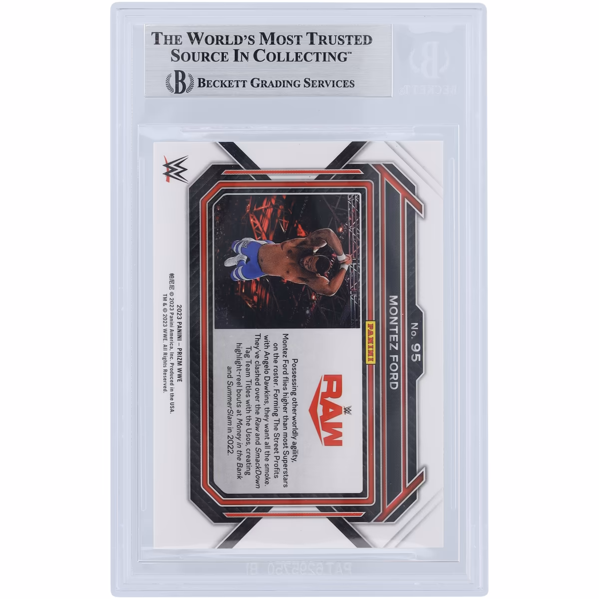 Montez Ford WWE Autographed 2023 Panini Prizm White Ink #95 Beckett Fanatics Witnessed Authenticated Card 3 Montez Ford WWE Autographed 2023 Panini Prizm White Ink #95 Beckett Fanatics Witnessed Authenticated Card