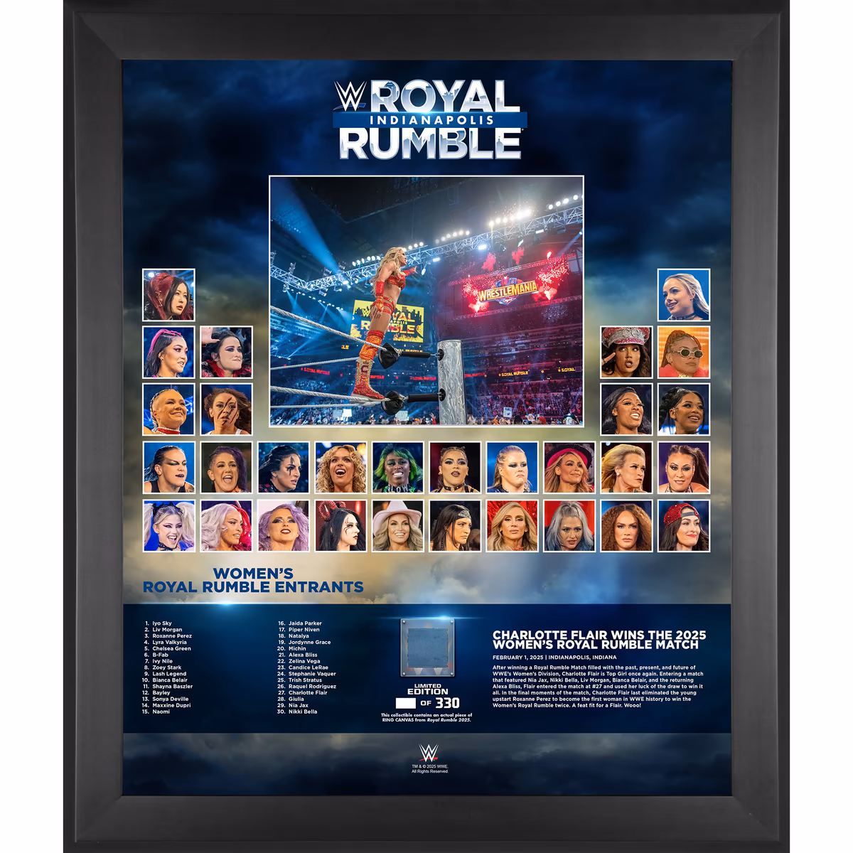 Charlotte Flair WWE Framed 20" x 24" 2025 Women's Royal Rumble Match Collage with a Piece of Match-Used Canvas - Limited Edition of 330 9 Charlotte Flair WWE Framed 20" x 24" 2025 Women's Royal Rumble Match Collage with a Piece of Match-Used Canvas - Limited Edition of 330