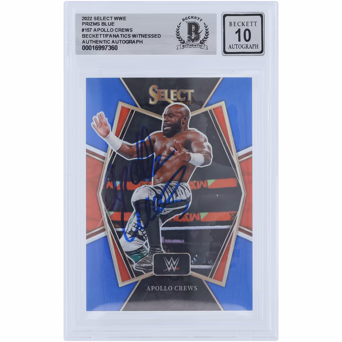 Apollo Crews WWE Autographed 2022 Panini Select Blue Prizm #157 #/199 Beckett Fanatics Witnessed Authenticated 10 Card