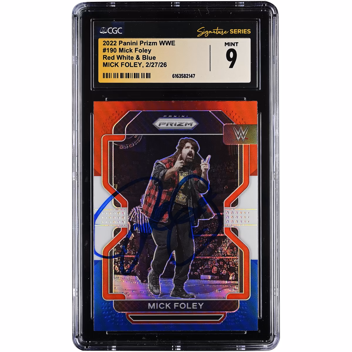 Mick Foley WWE Autographed 2022 Panini Prizm WWE Red White & Blue #190 CGC Authenticated Mint 9 Card