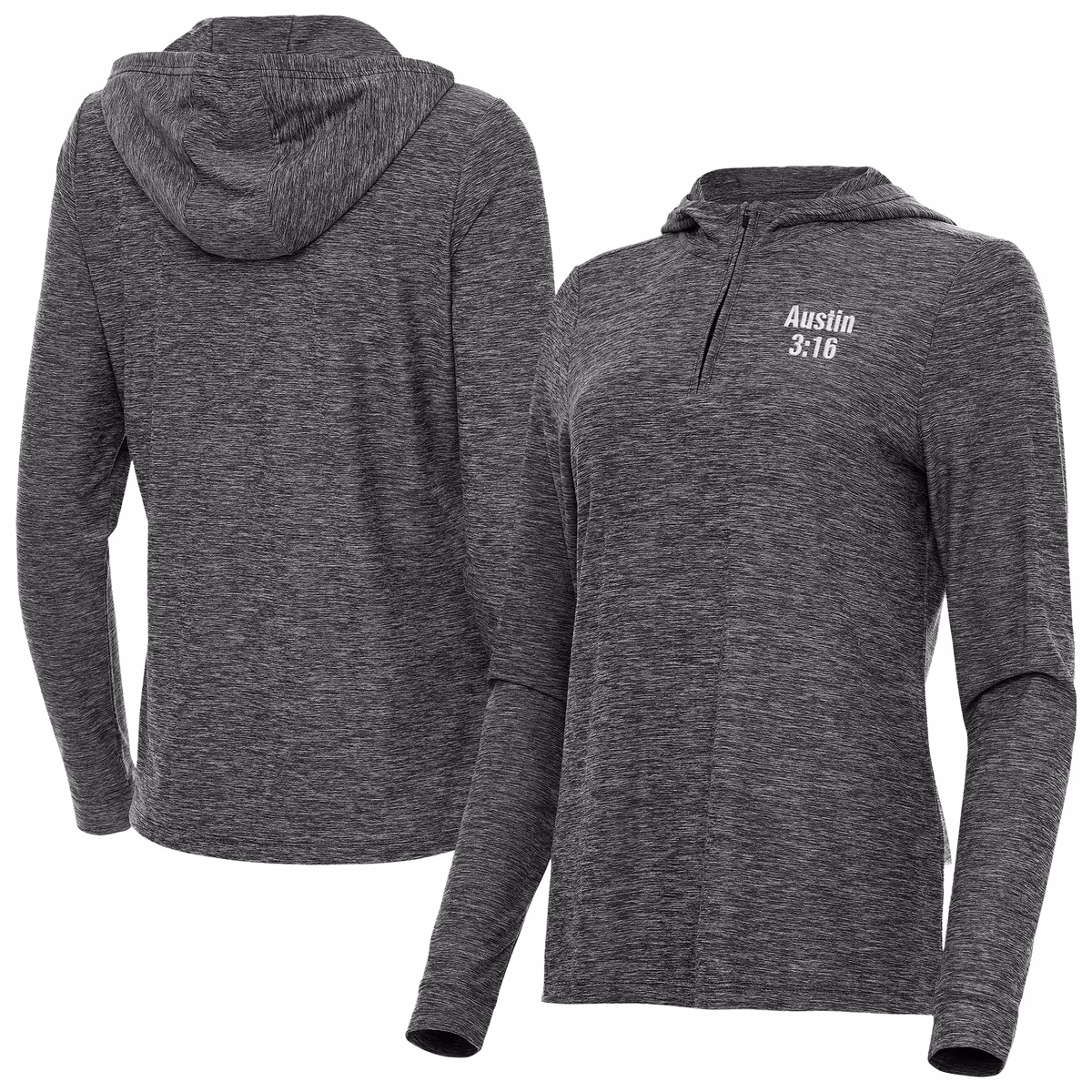 Women's Antigua Heather Black "Stone Cold" Steve Austin Daybreak Quarter-Zip Hoodie