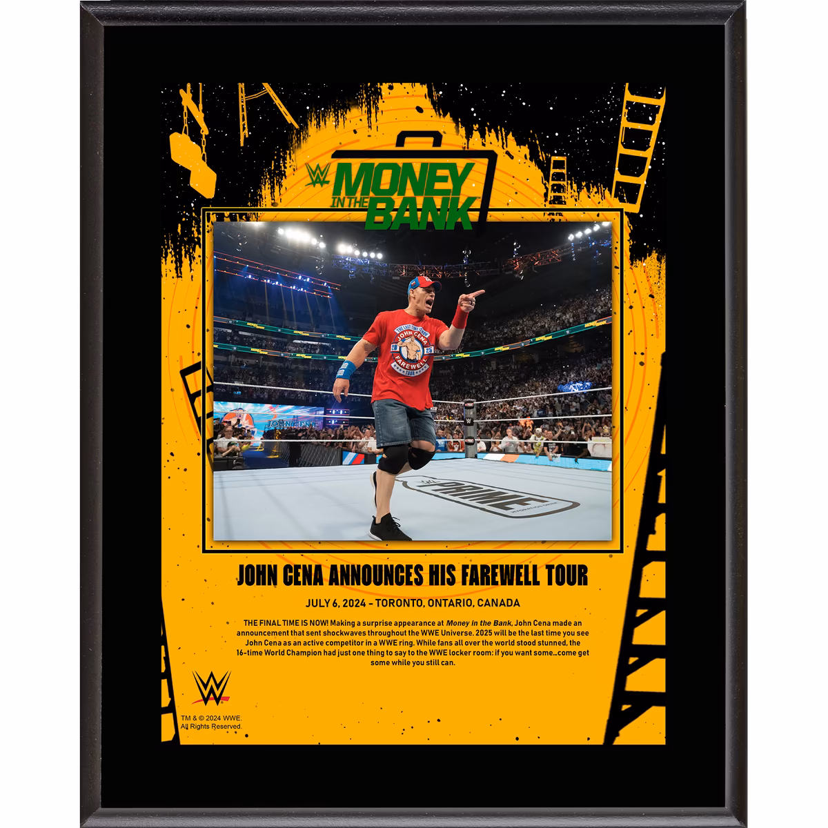 John Cena WWE 10.5" x 13" 2024 Money In The Bank Sublimated Plaque 13 John Cena WWE 10.5" x 13" 2024 Money In The Bank Sublimated Plaque