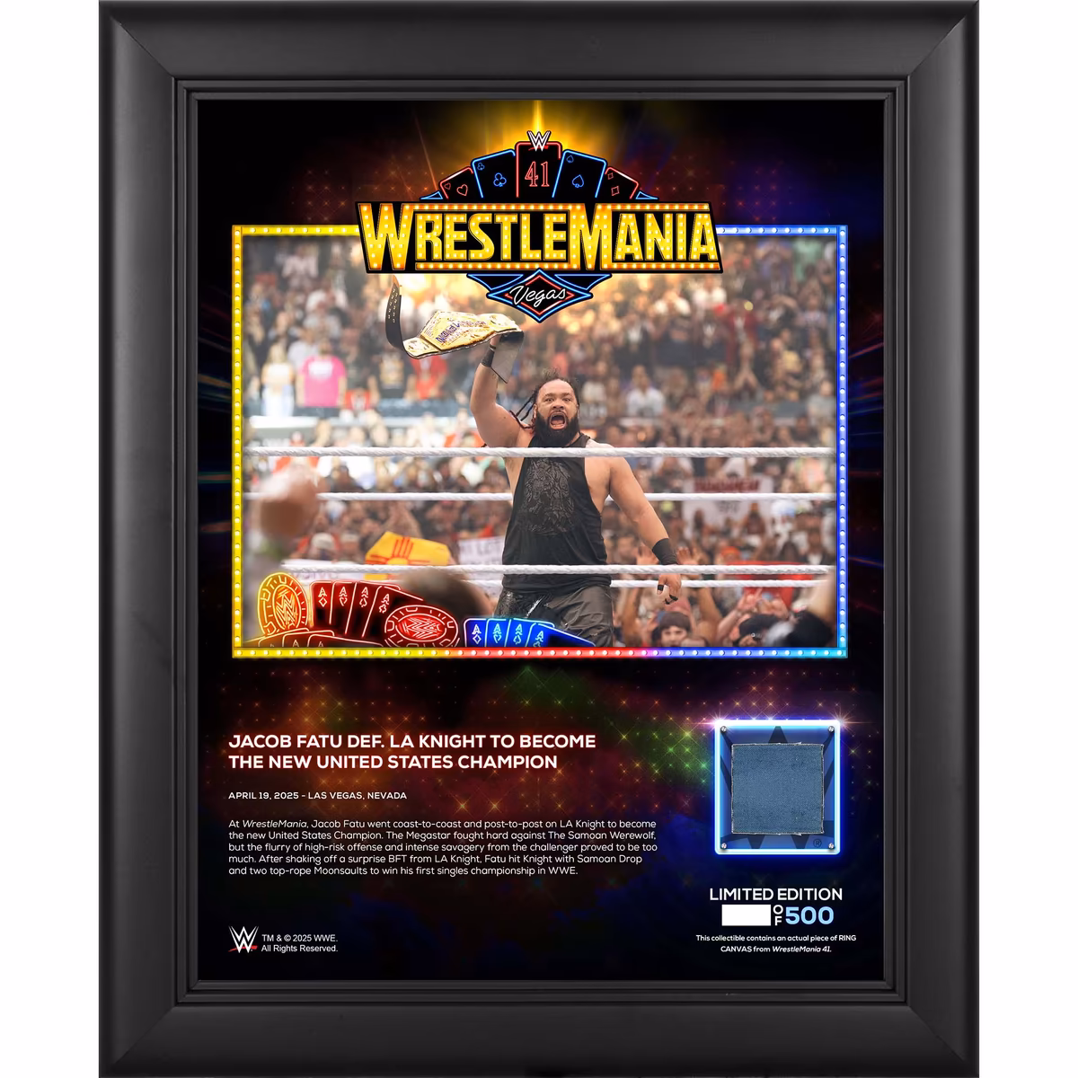 Jacob Fatu WWE Framed 13" x 16" WrestleMania 41 Night 1 Collage with a Piece of Match-Used Canvas - Limited Edition of 500