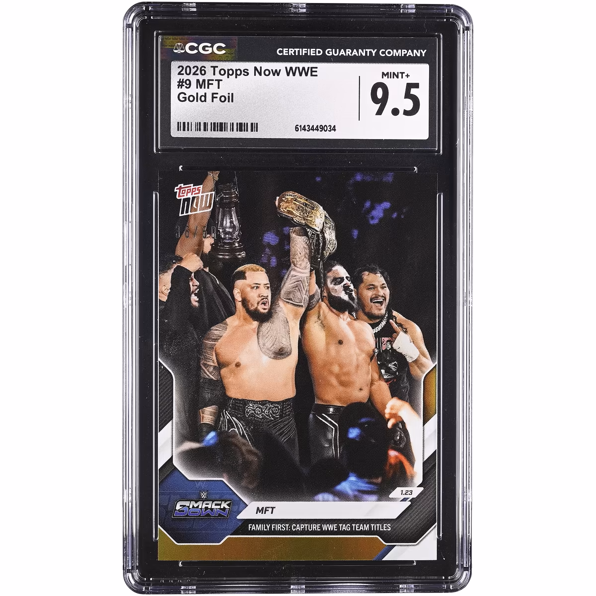 MFT WWE 2026 Topps Now WWE Family First! Capture WWE Tag Team Titles Gold Foil #9 #/50 CGC Authenticated 9.5 Card