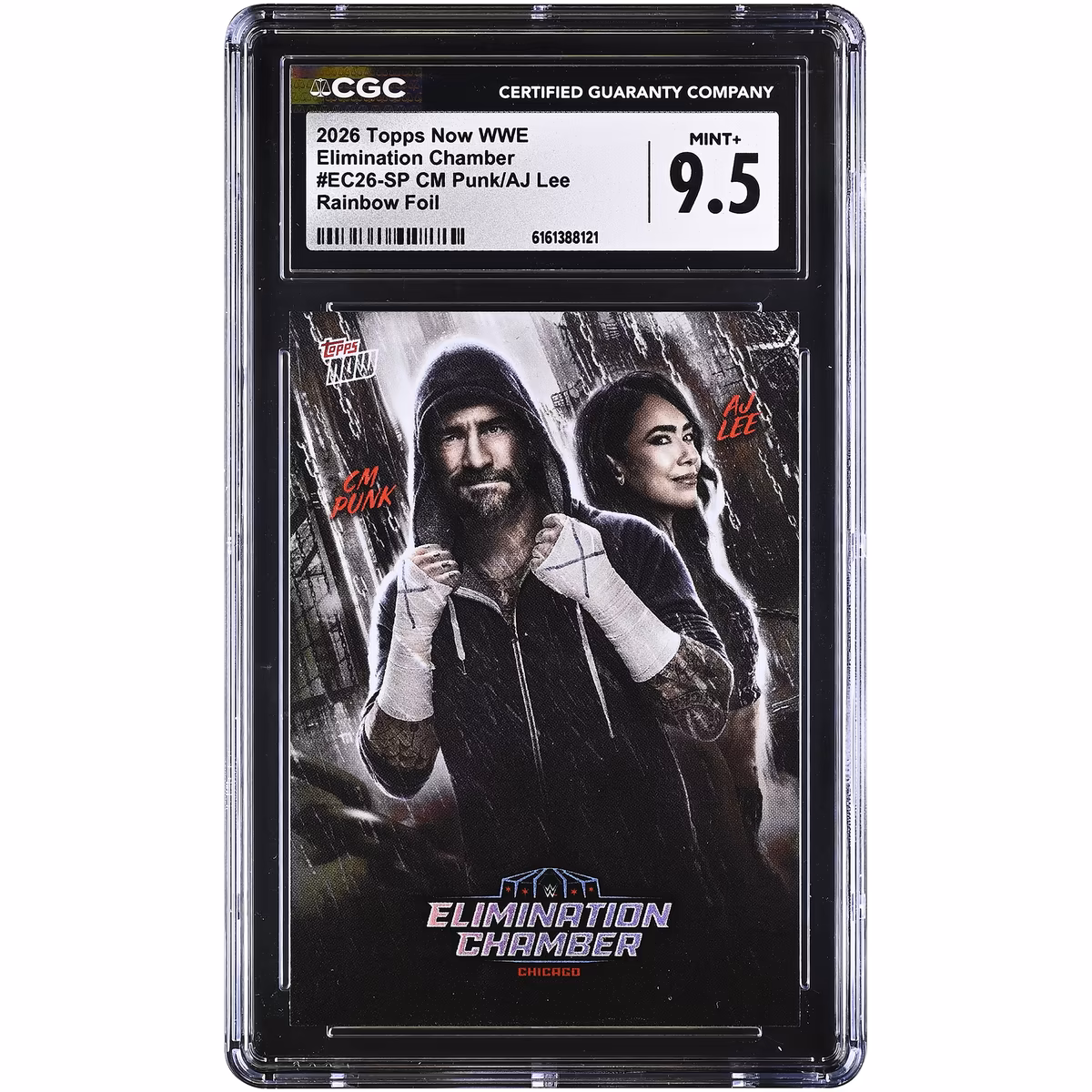 CM Punk & AJ Lee 2026 Topps Now WWE Elimination Chamber Rainbow Foil #EC26-SP CGC Authenticated 9.5 Card