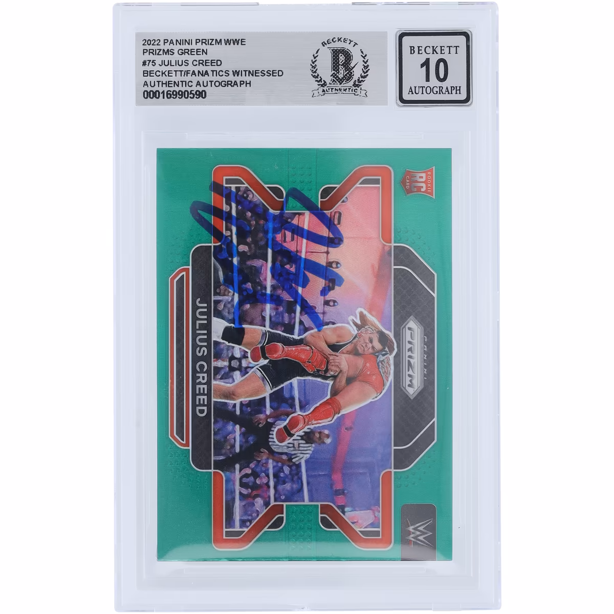 Julius Creed WWE Autographed 2022 Panini Prizm Green Prizm #75 Beckett Fanatics Witnessed Authenticated 10 Rookie Card 9 Julius Creed WWE Autographed 2022 Panini Prizm Green Prizm #75 Beckett Fanatics Witnessed Authenticated 10 Rookie Card