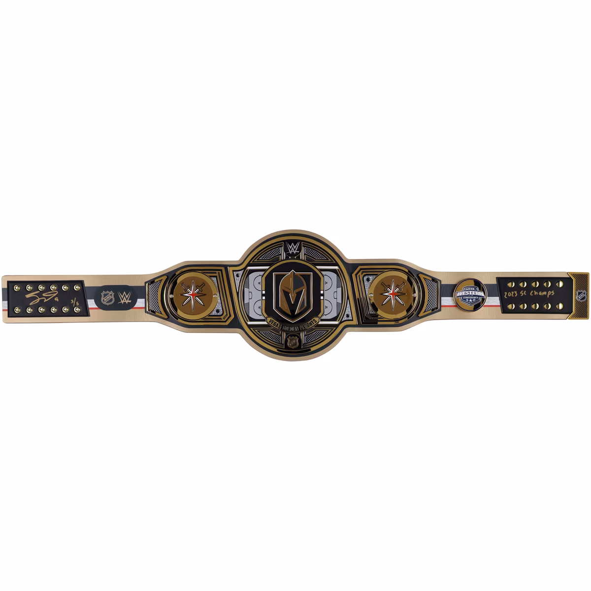 Jack Eichel Vegas Golden Knights Autographed WWE Legacy Title Belt with "2023 SC Champs" Inscription - Limited Edition of 5 25 Jack Eichel Vegas Golden Knights Autographed WWE Legacy Title Belt with "2023 SC Champs" Inscription - Limited Edition of 5