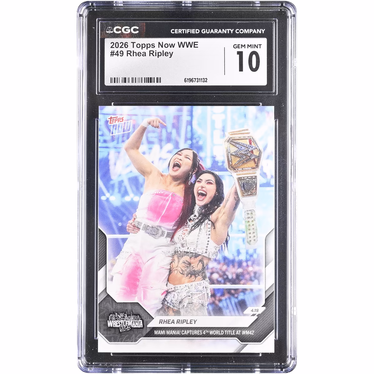 Rhea Ripley WWE 2026 Topps Now WWE Mami Mania! Captures 4th World Title at WM42 #49 CGC Authenticated GEM MINT 10 Card 1 Rhea Ripley WWE 2026 Topps Now WWE Mami Mania! Captures 4th World Title at WM42 #49 CGC Authenticated GEM MINT 10 Card