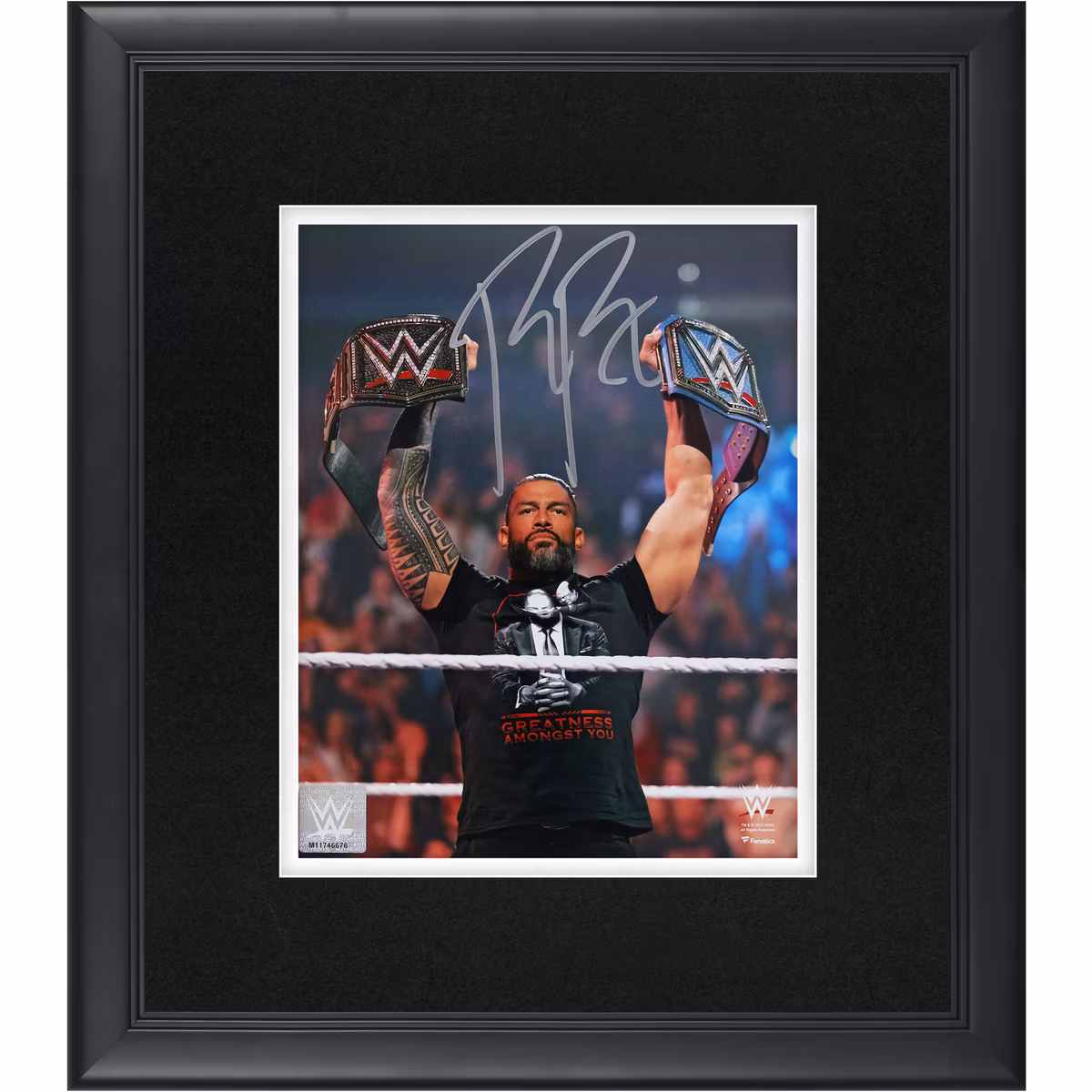Roman Reigns WWE Autographed Framed 8" x 10" Raising Titles Photograph 1 Roman Reigns WWE Autographed Framed 8" x 10" Raising Titles Photograph