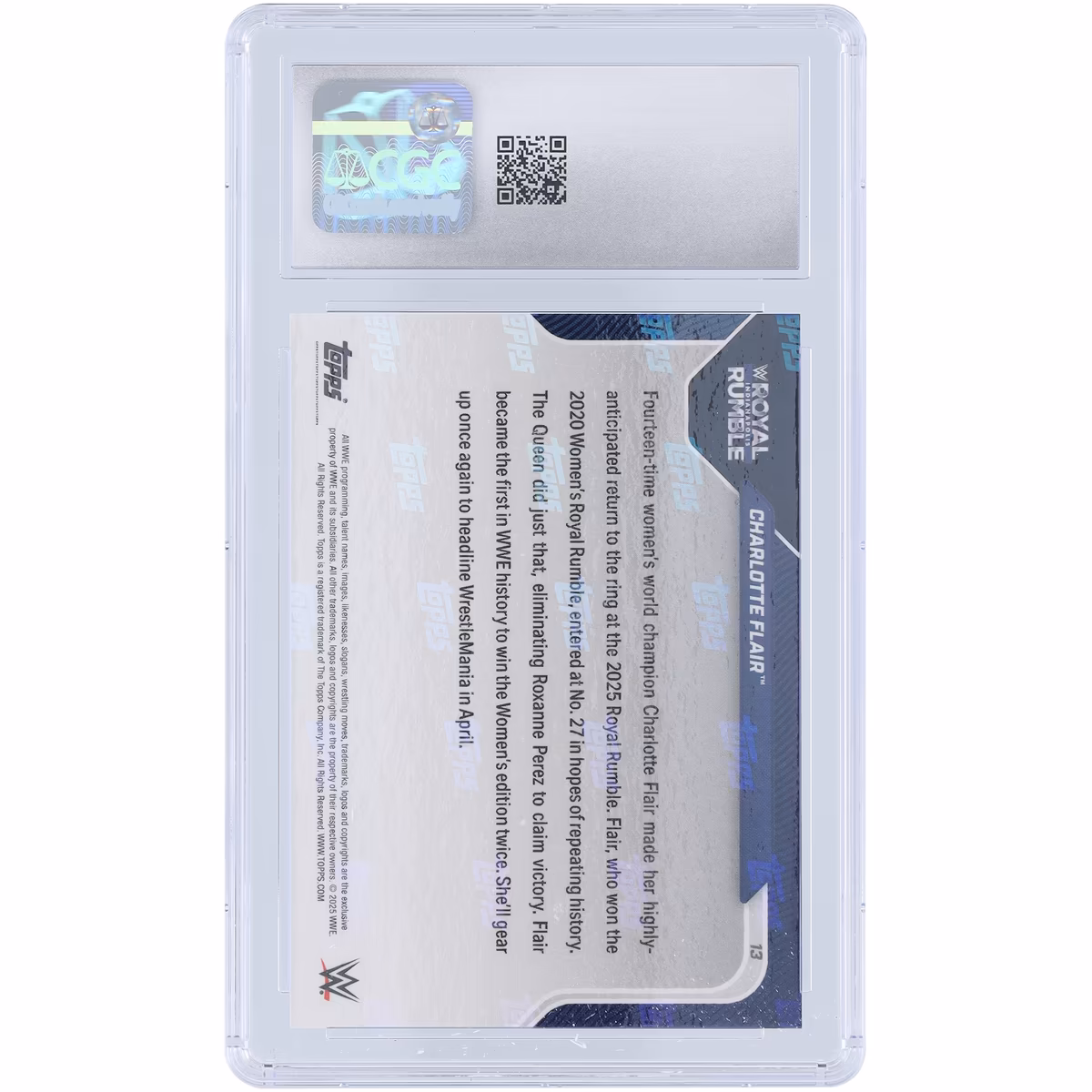 Charlotte Flair WWE 2025 Topps Now Wins Second Career Women's Royal Rumble #13 CGC Authenticated 10 Card 3 Charlotte Flair WWE 2025 Topps Now Wins Second Career Women's Royal Rumble #13 CGC Authenticated 10 Card