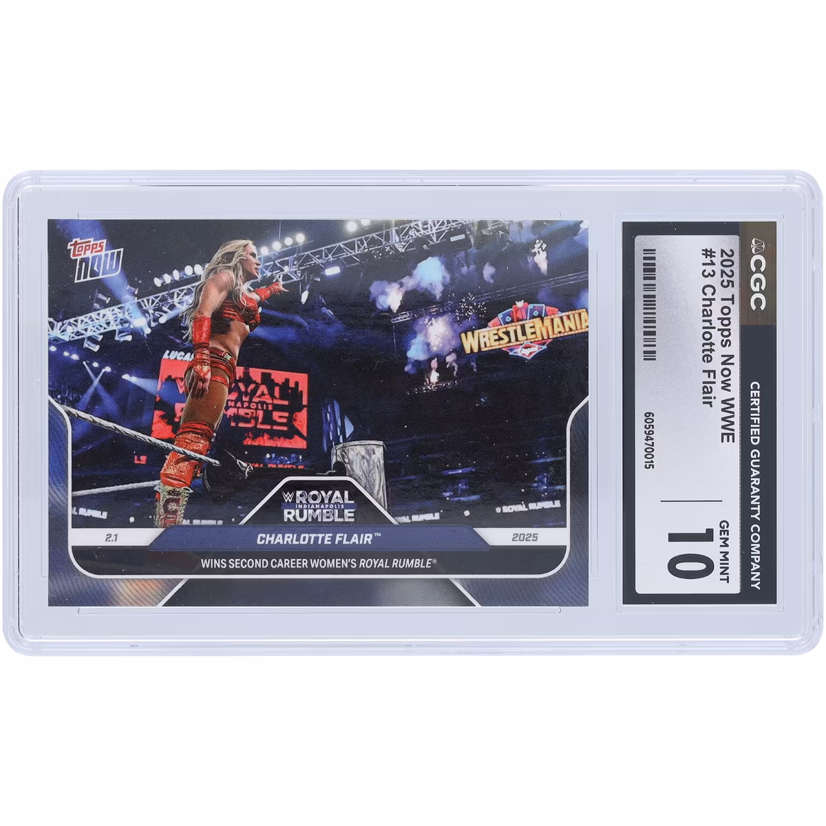 Charlotte Flair WWE 2025 Topps Now Wins Second Career Women's Royal Rumble #13 CGC Authenticated 10 Card 4 Charlotte Flair WWE 2025 Topps Now Wins Second Career Women's Royal Rumble #13 CGC Authenticated 10 Card