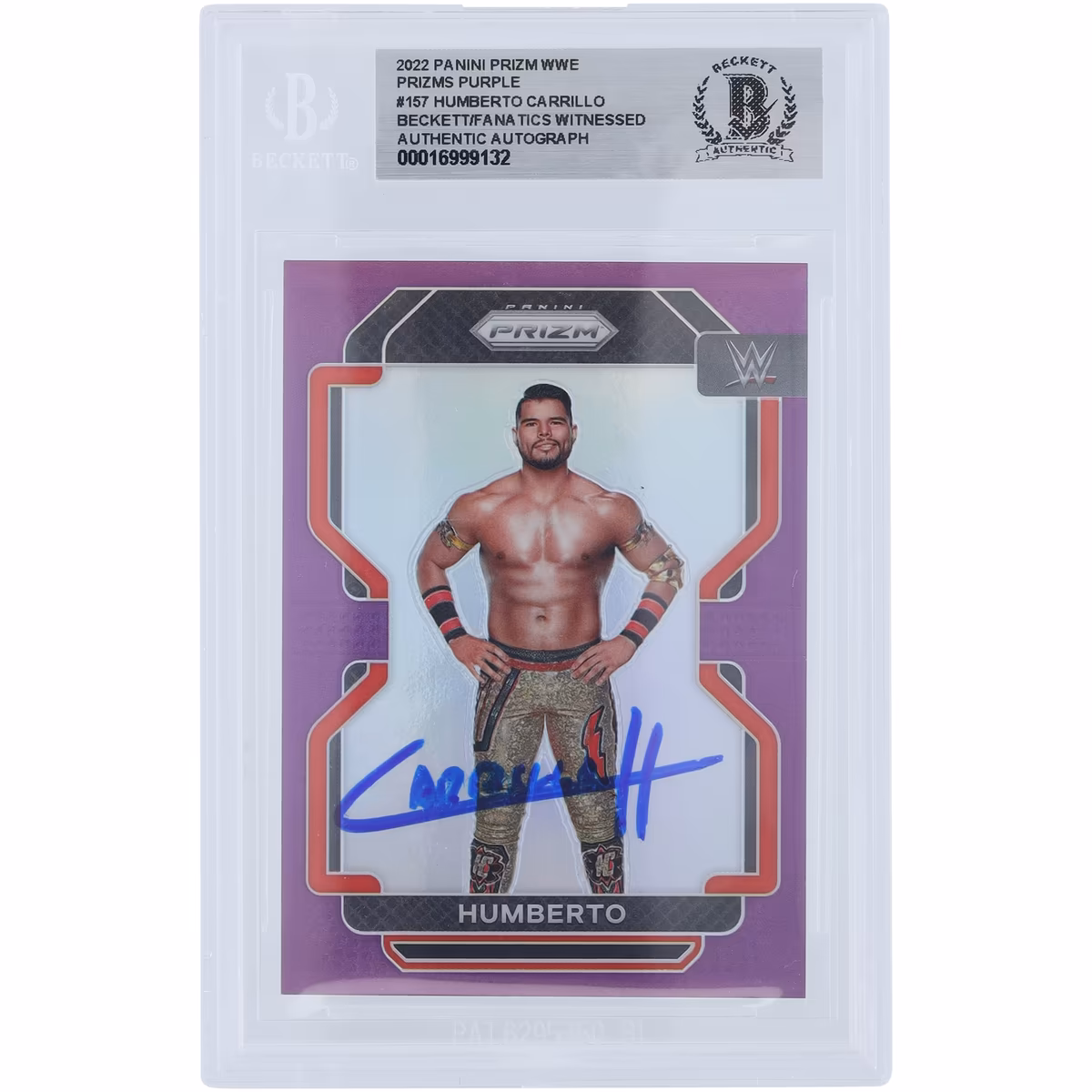 Humberto Carrillo WWE Autographed 2022 Panini Prizm Purple Prizm #157 #/149 Beckett Fanatics Witnessed Authenticated Card