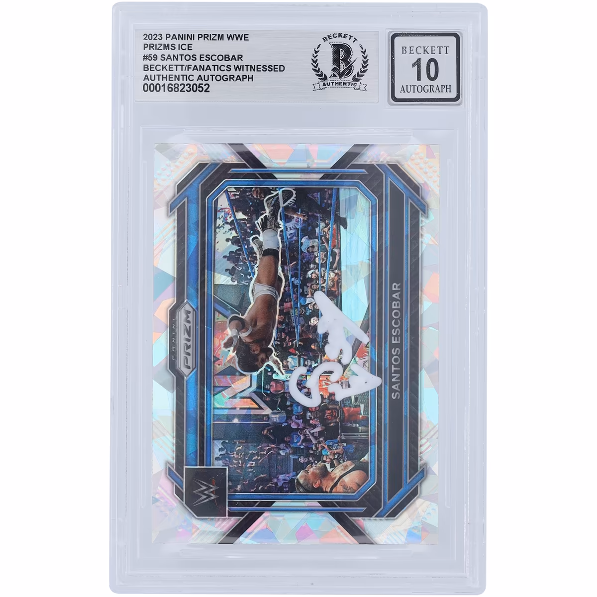 Santos Escobar WWE Autographed 2023 Panini Prizm Ice Prizm White Ink #59 Beckett Fanatics Witnessed Authenticated 10 Card 8 Santos Escobar WWE Autographed 2023 Panini Prizm Ice Prizm White Ink #59 Beckett Fanatics Witnessed Authenticated 10 Card