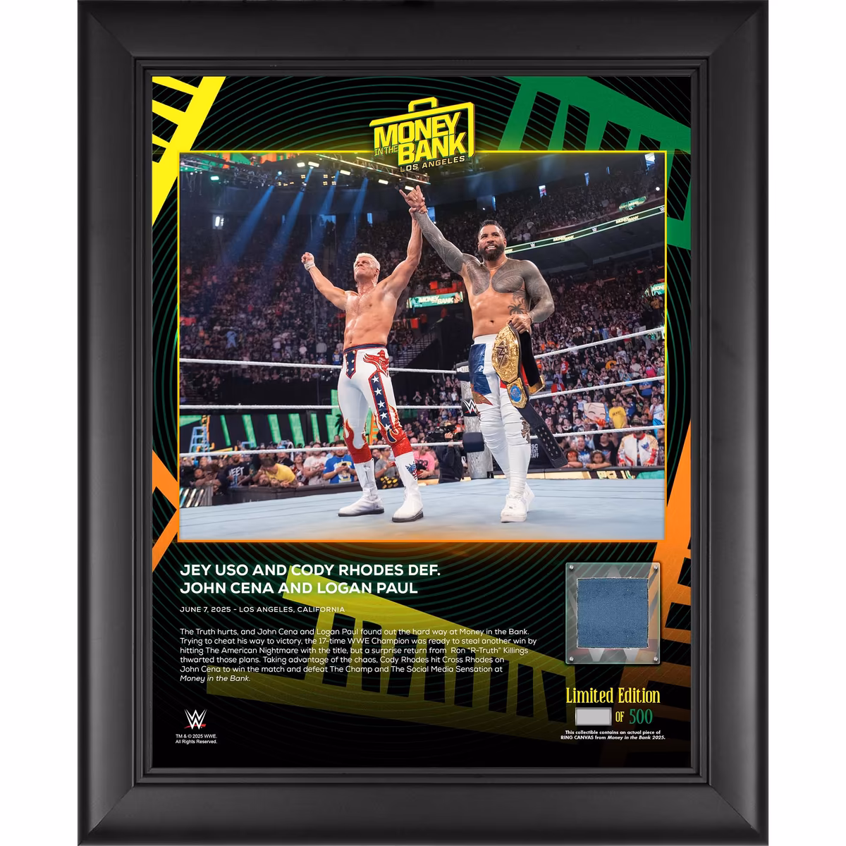 Cody Rhodes & Jey Uso WWE Framed 13" x 16" 2025 Money In The Bank Collage with a Piece of Match-Used Canvas - Limited Edition of 500 3 Cody Rhodes & Jey Uso WWE Framed 13" x 16" 2025 Money In The Bank Collage with a Piece of Match-Used Canvas - Limited Edition of 500
