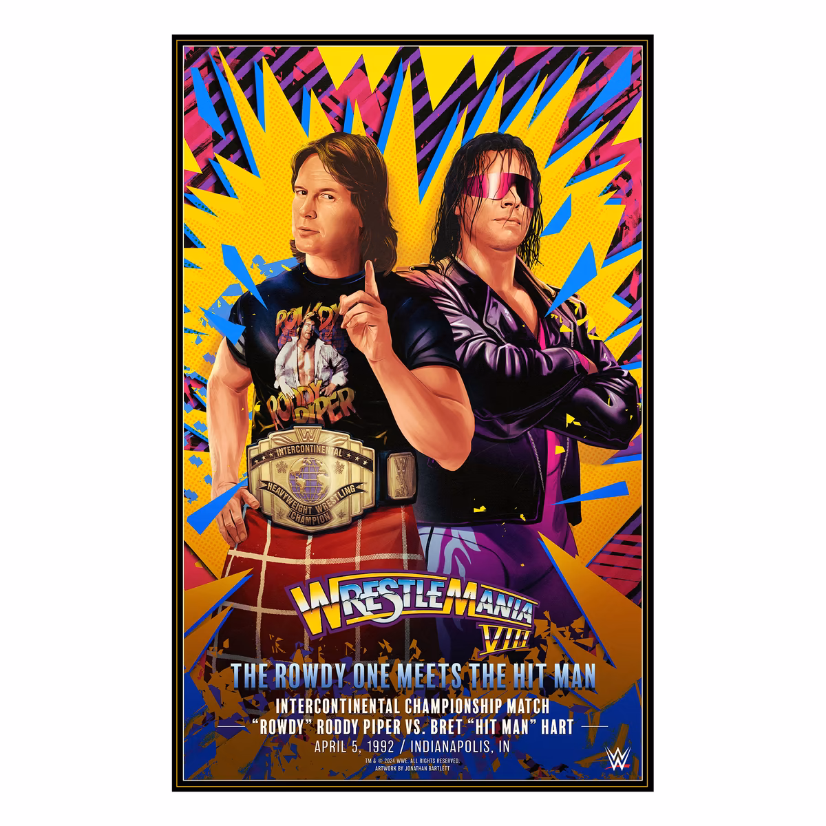 WrestleMania VIII "Rowdy" Roddy Piper vs. Bret "Hit Man" Hart 24" x 36" Jonathan Bartlett Art Print