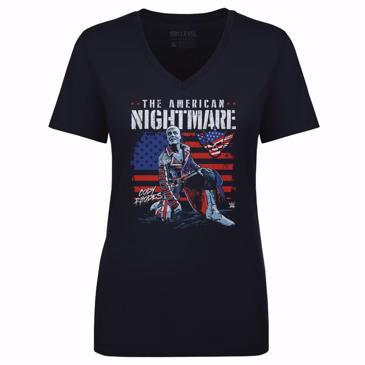 Women's 500 Level Navy Cody Rhodes American Flag V-Neck T-Shirt