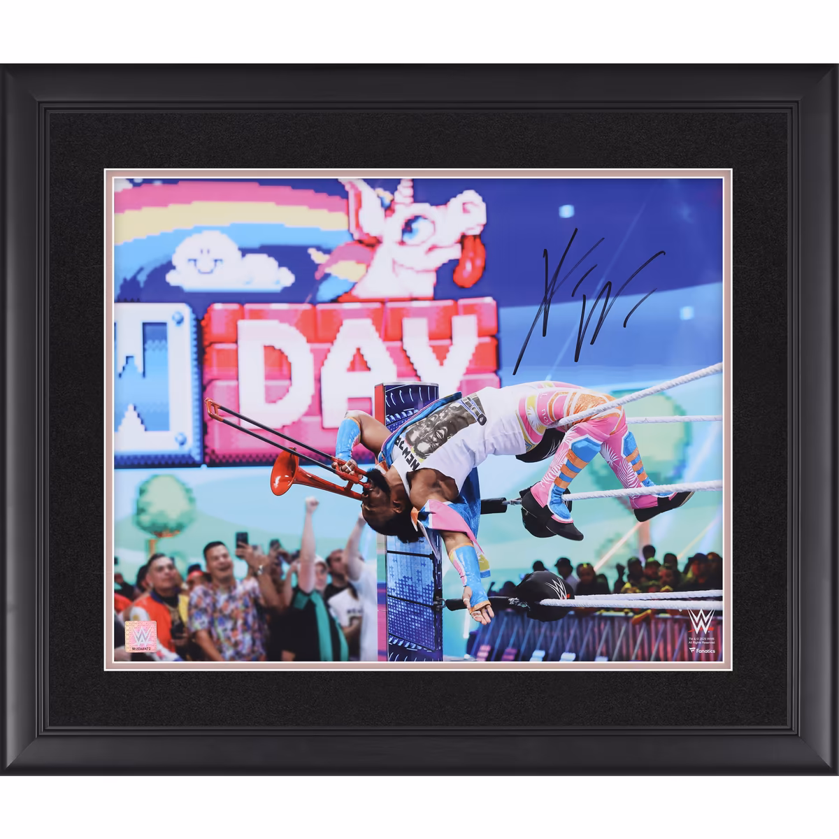 Xavier Woods WWE Autographed Framed 16" x 20" Leaning On The Ropes Playing Trombone Photograph 1 Xavier Woods WWE Autographed Framed 16" x 20" Leaning On The Ropes Playing Trombone Photograph