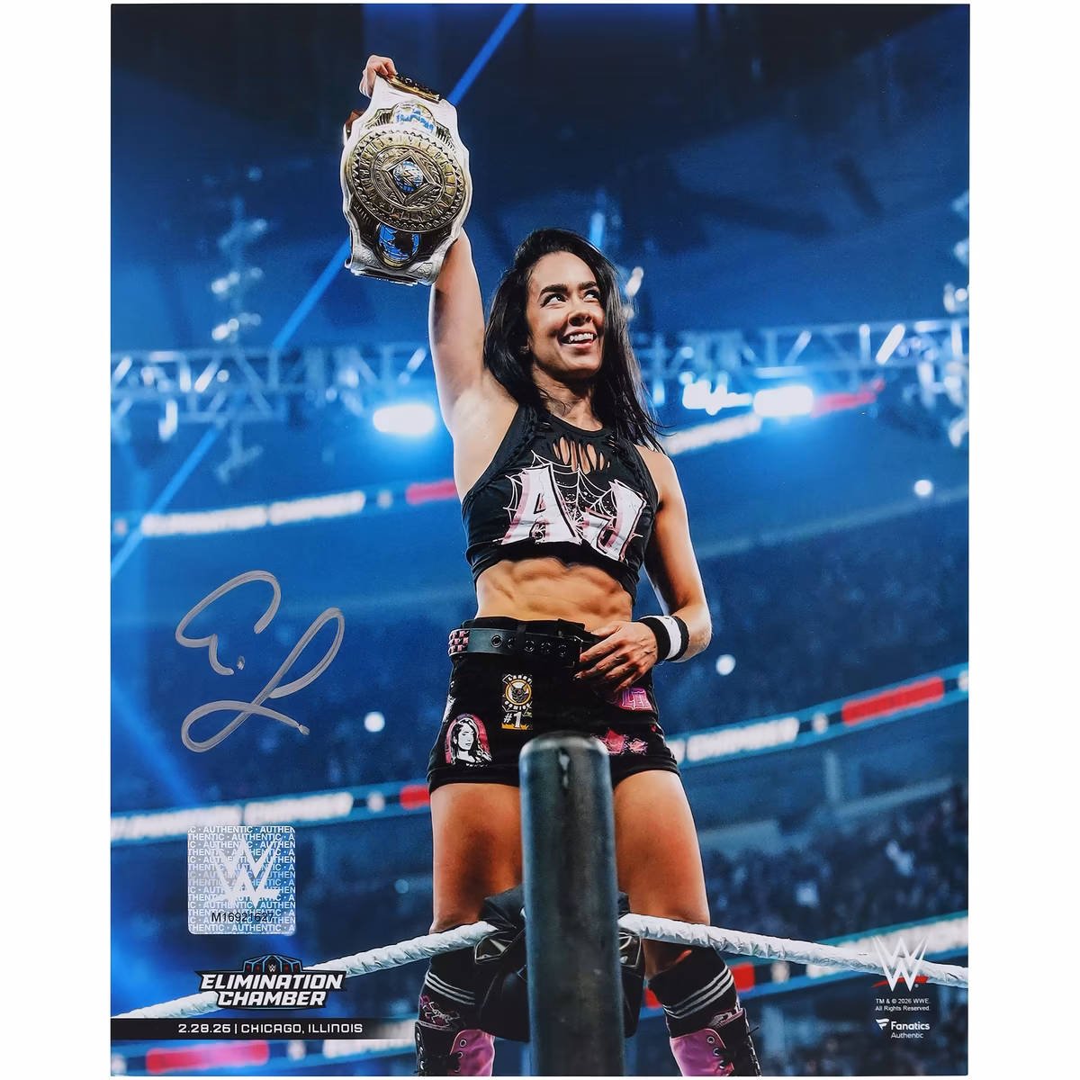 AJ Lee WWE Autographed 8" x 10" Raising Women's Intercontinental Championship Photograph