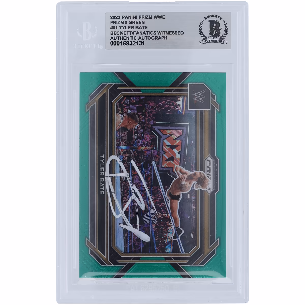 Tyler Bate WWE Autographed 2023 Panini Prizm Green Prizm White Ink #81 Beckett Fanatics Witnessed Authenticated Card 1 Tyler Bate WWE Autographed 2023 Panini Prizm Green Prizm White Ink #81 Beckett Fanatics Witnessed Authenticated Card