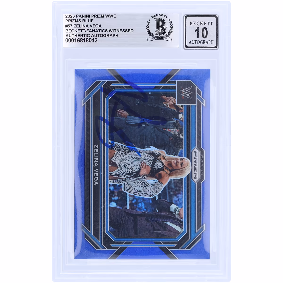 Zelina Vega WWE Autographed 2023 Panini Prizm Blue Prizm #57 #125/199 Beckett Fanatics Witnessed Authenticated 10 Card