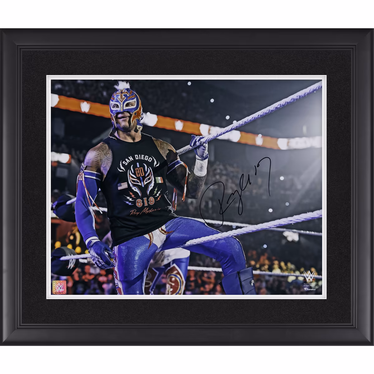 Rey Mysterio WWE Autographed Framed 16" x 20" Sitting on Ropes Blue Gear Photograph 12 Rey Mysterio WWE Autographed Framed 16" x 20" Sitting on Ropes Blue Gear Photograph