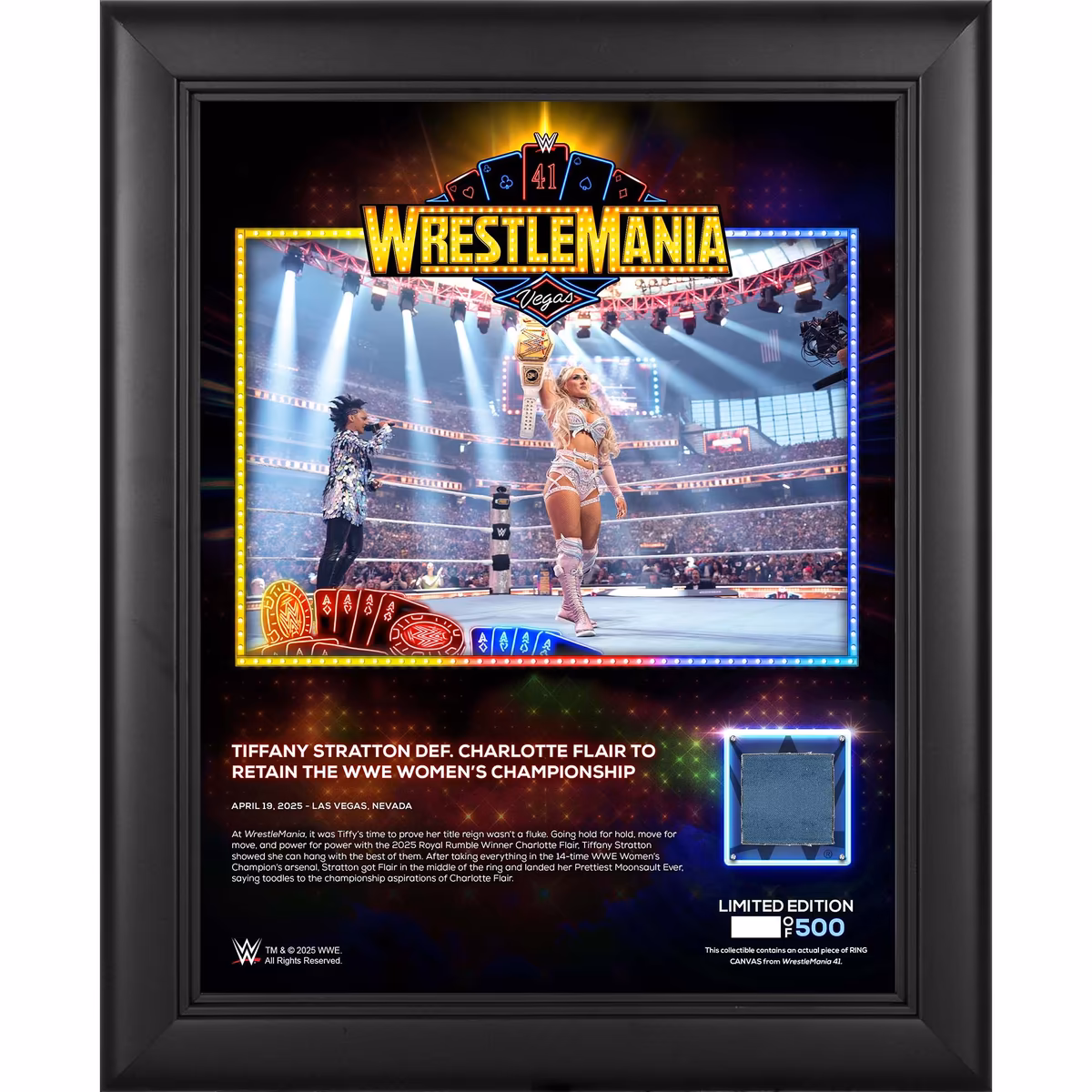 Tiffany Stratton WWE Framed 13" x 16" WrestleMania 41 Night 1 Collage with a Piece of Match-Used Canvas - Limited Edition of 500 3 Tiffany Stratton WWE Framed 13" x 16" WrestleMania 41 Night 1 Collage with a Piece of Match-Used Canvas - Limited Edition of 500