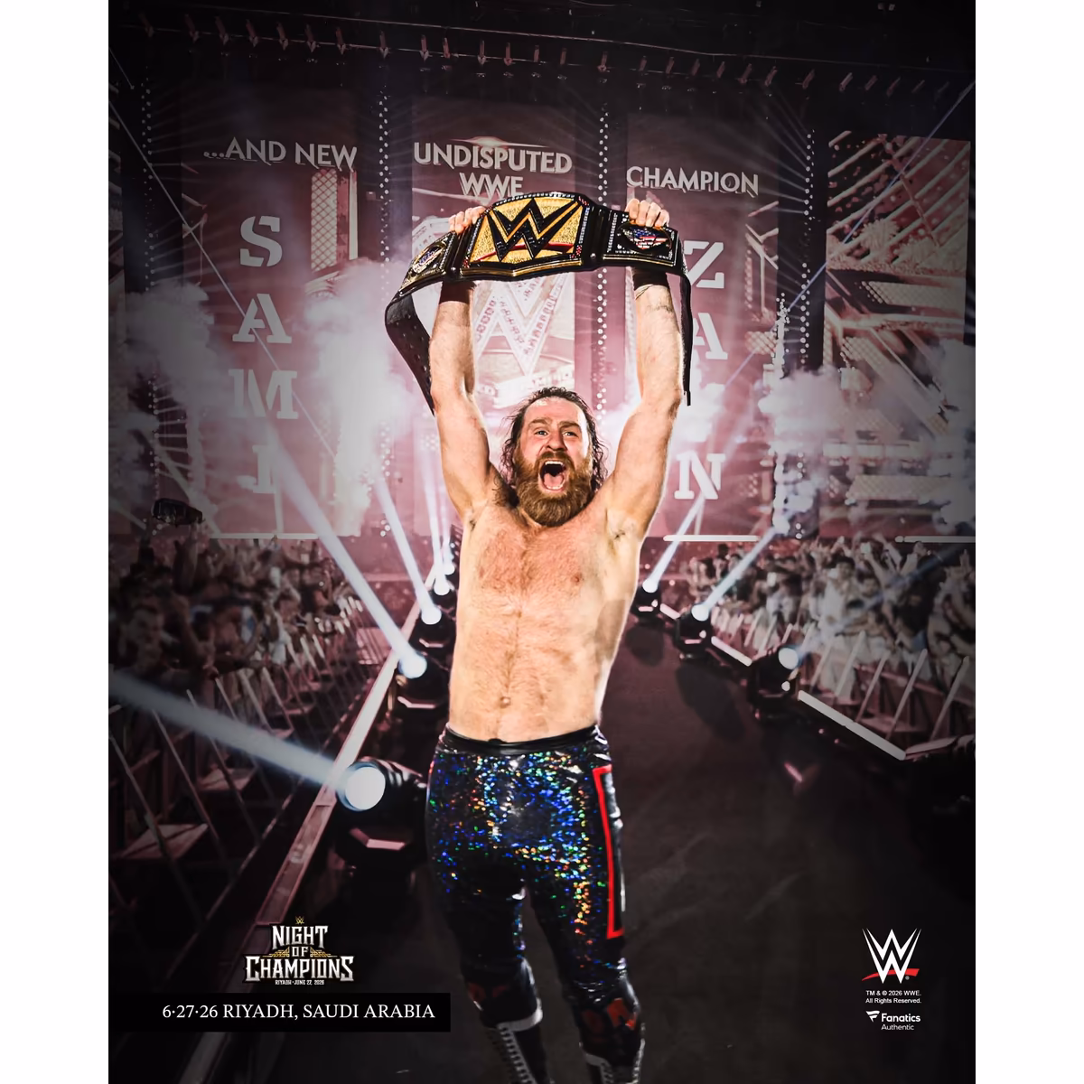 Sami Zayn Unsigned 2026 WWE Night of Champions Raising Undisputed Title Photograph 3 Sami Zayn Unsigned 2026 WWE Night of Champions Raising Undisputed Title Photograph