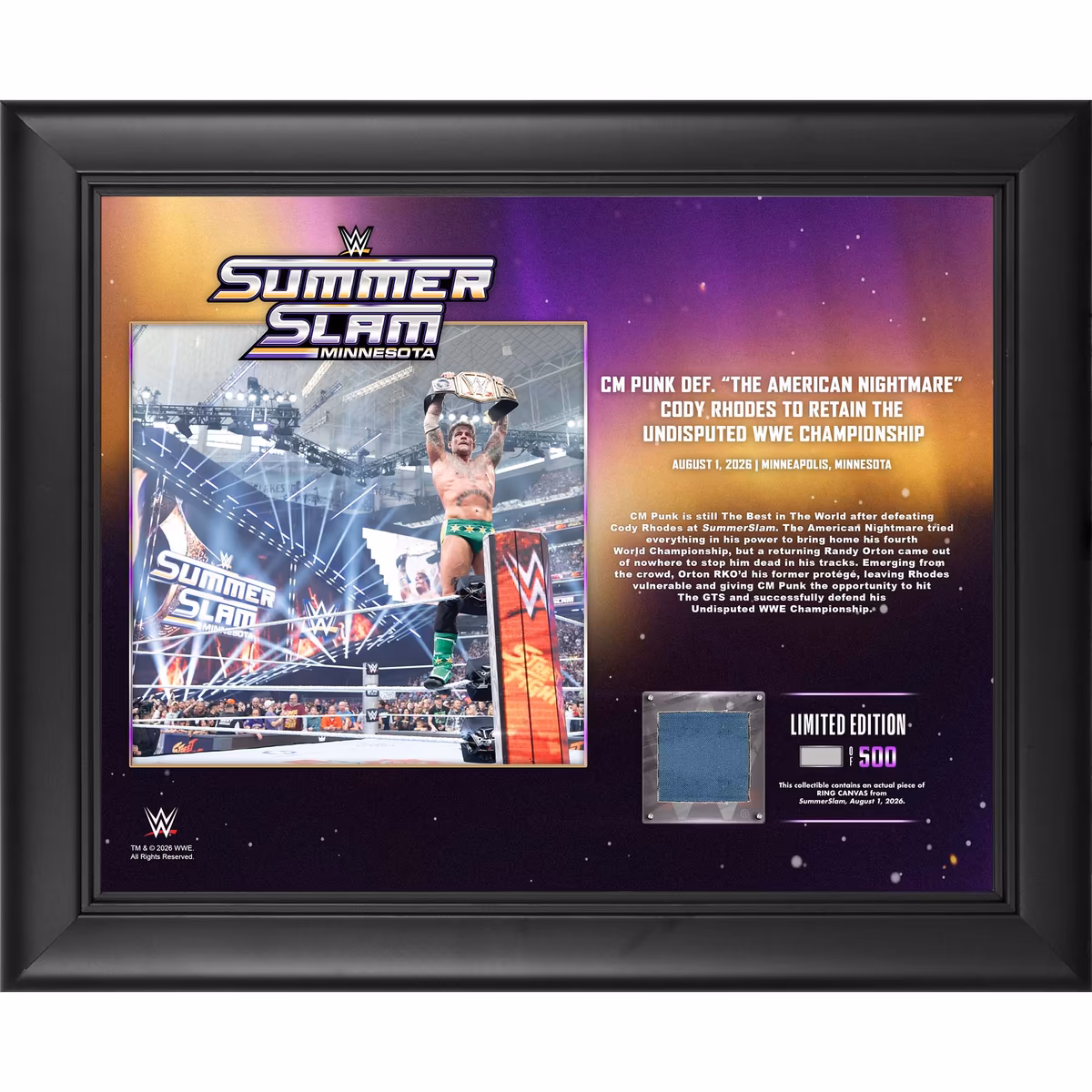 CM Punk WWE Framed 13" x 16" SummerSlam 2026 Night 1 Collage with a Piece of Match-Used Canvas - Limited Edition of 500 1 CM Punk WWE Framed 13" x 16" SummerSlam 2026 Night 1 Collage with a Piece of Match-Used Canvas - Limited Edition of 500