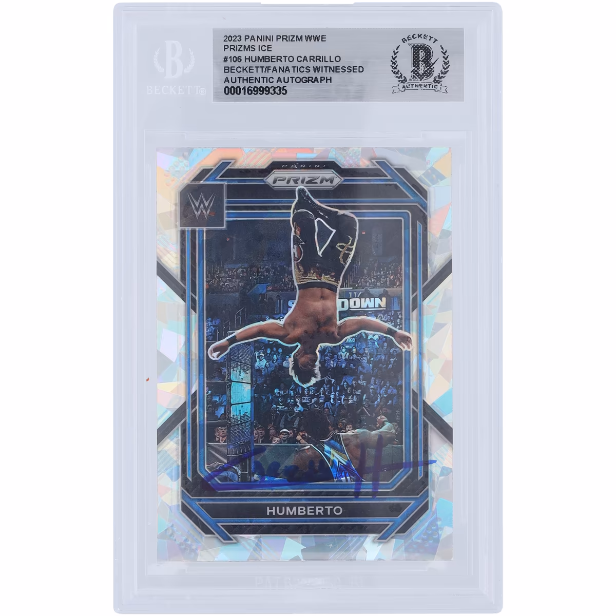 Humberto Carrillo WWE Autographed 2023 Panini Prizm Ice Prizm #106 Beckett Fanatics Witnessed Authenticated Card