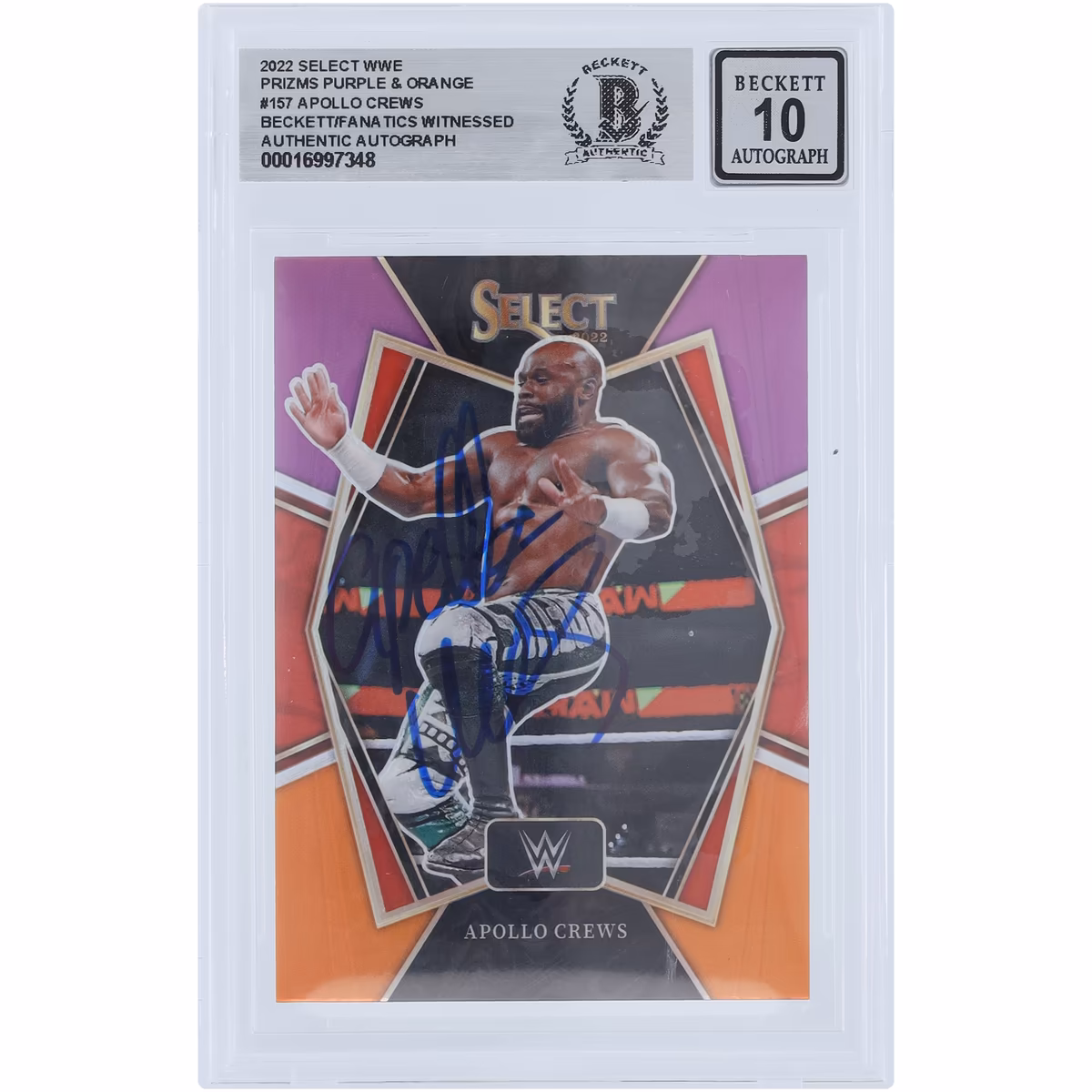 Apollo Crews WWE Autographed 2022 Panini Select Purple & Orange Prizm #157 Beckett Fanatics Witnessed Authenticated 10 Card
