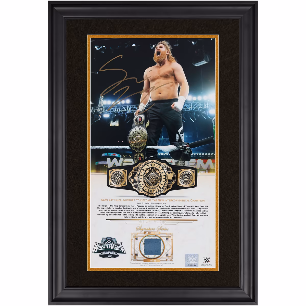 Sami Zayn WWE Autographed Framed 10" x 18" WrestleMania 40 Golden Moments Collage with a Piece of Match-Used Canvas from WrestleMania 40 - Limited Edition of 99 1 Sami Zayn WWE Autographed Framed 10" x 18" WrestleMania 40 Golden Moments Collage with a Piece of Match-Used Canvas from WrestleMania 40 - Limited Edition of 99