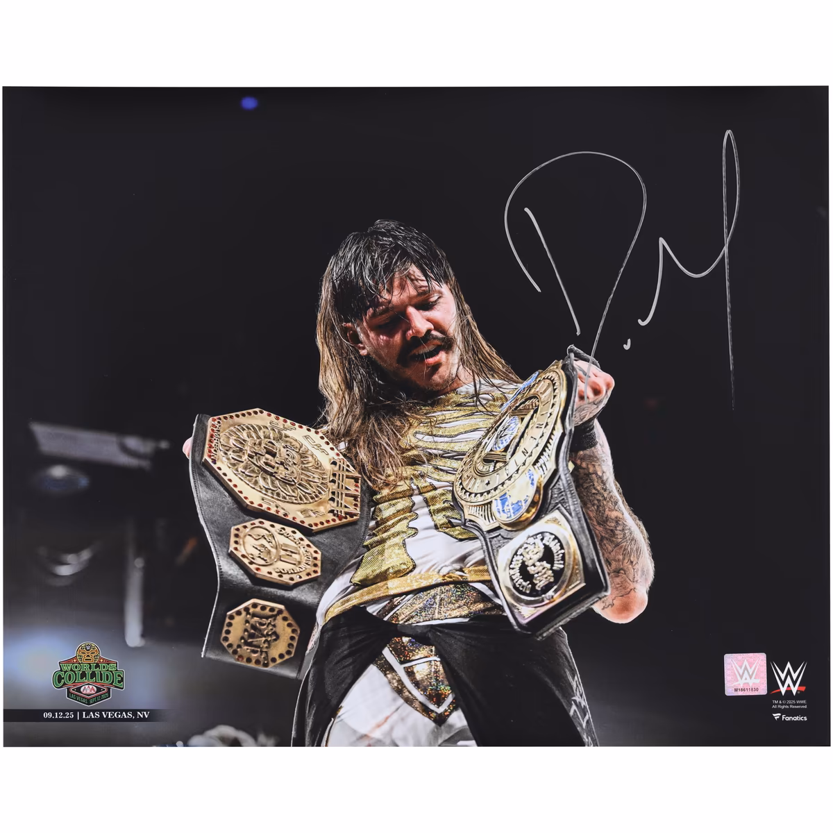 Dominik Mysterio WWE Autographed 16" x 20" AAA Worlds Collide Holding Both Titles Photograph