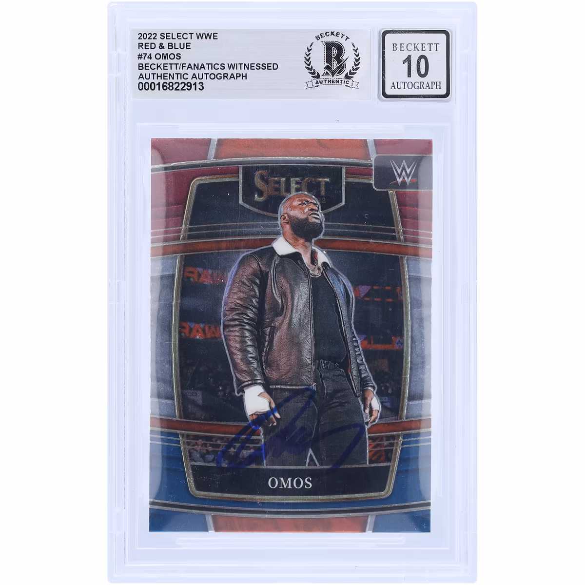 Omos WWE Autographed 2022 Panini Select Red & Blue #74 Beckett Fanatics Witnessed Authenticated 10 Card