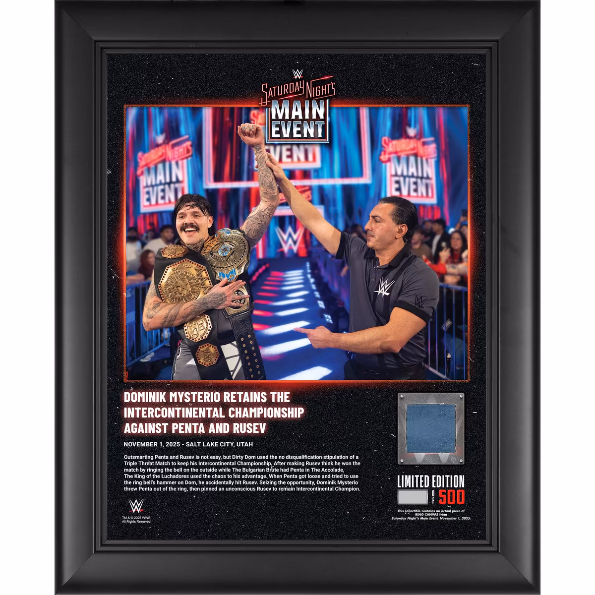 Dominik Mysterio WWE Framed 13" x 16" Saturday Night's Main Event November 1, 2025 Collage with a Piece of Match-Used Canvas - Limited Edition of 500