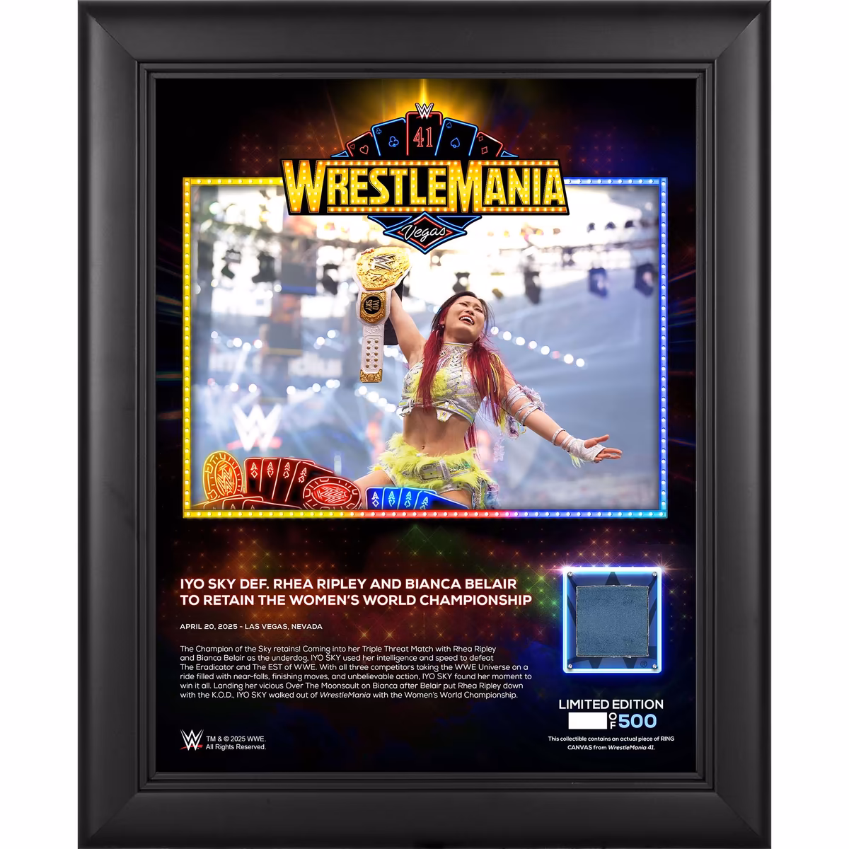IYO SKY WWE Framed 13" x 16" WrestleMania 41 Night 2 Collage with a Piece of Match-Used Canvas - Limited Edition of 500