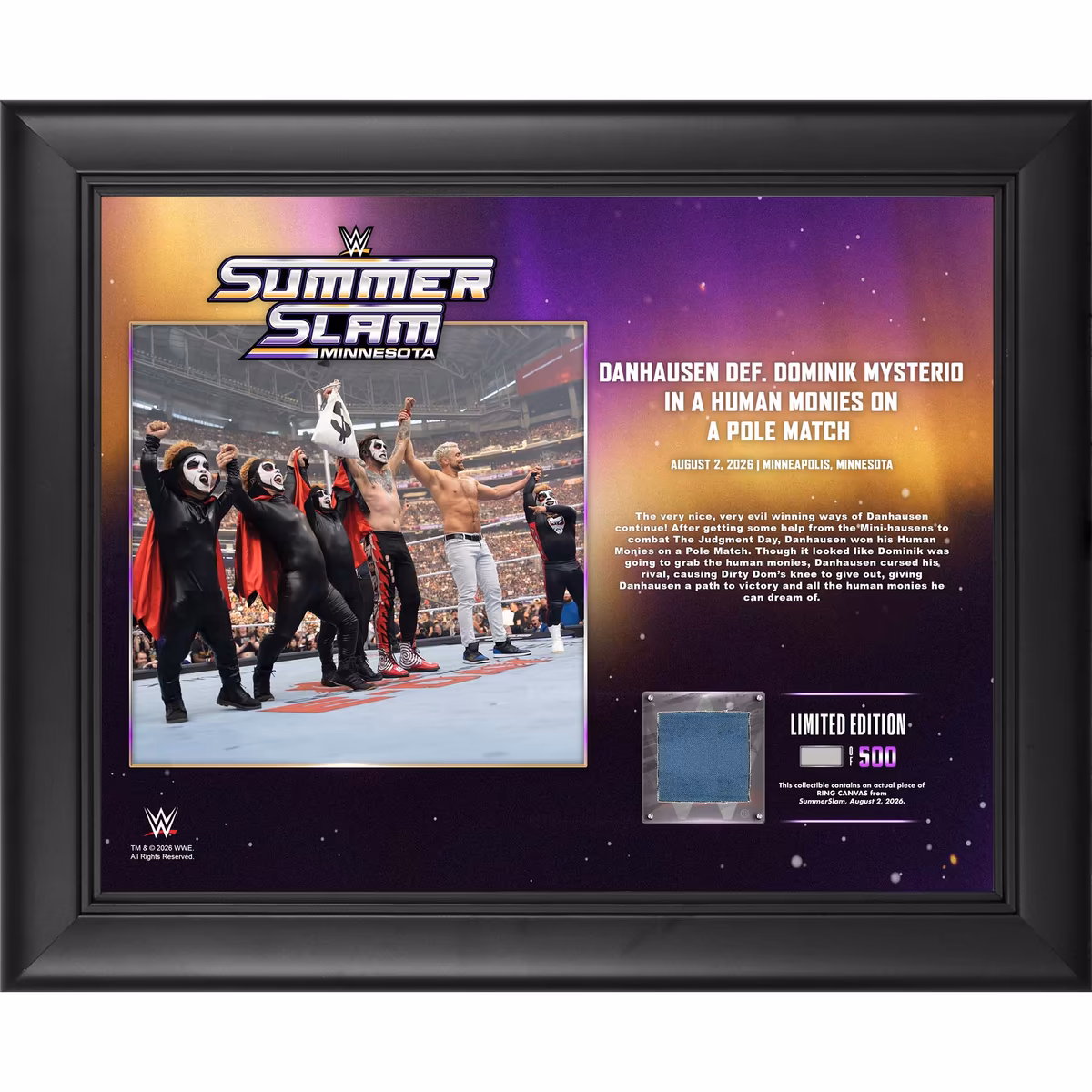 Danhausen WWE Framed 13" x 16" SummerSlam 2026 Night 2 Collage with a Piece of Match-Used Canvas - Limited Edition of 500 1 Danhausen WWE Framed 13" x 16" SummerSlam 2026 Night 2 Collage with a Piece of Match-Used Canvas - Limited Edition of 500