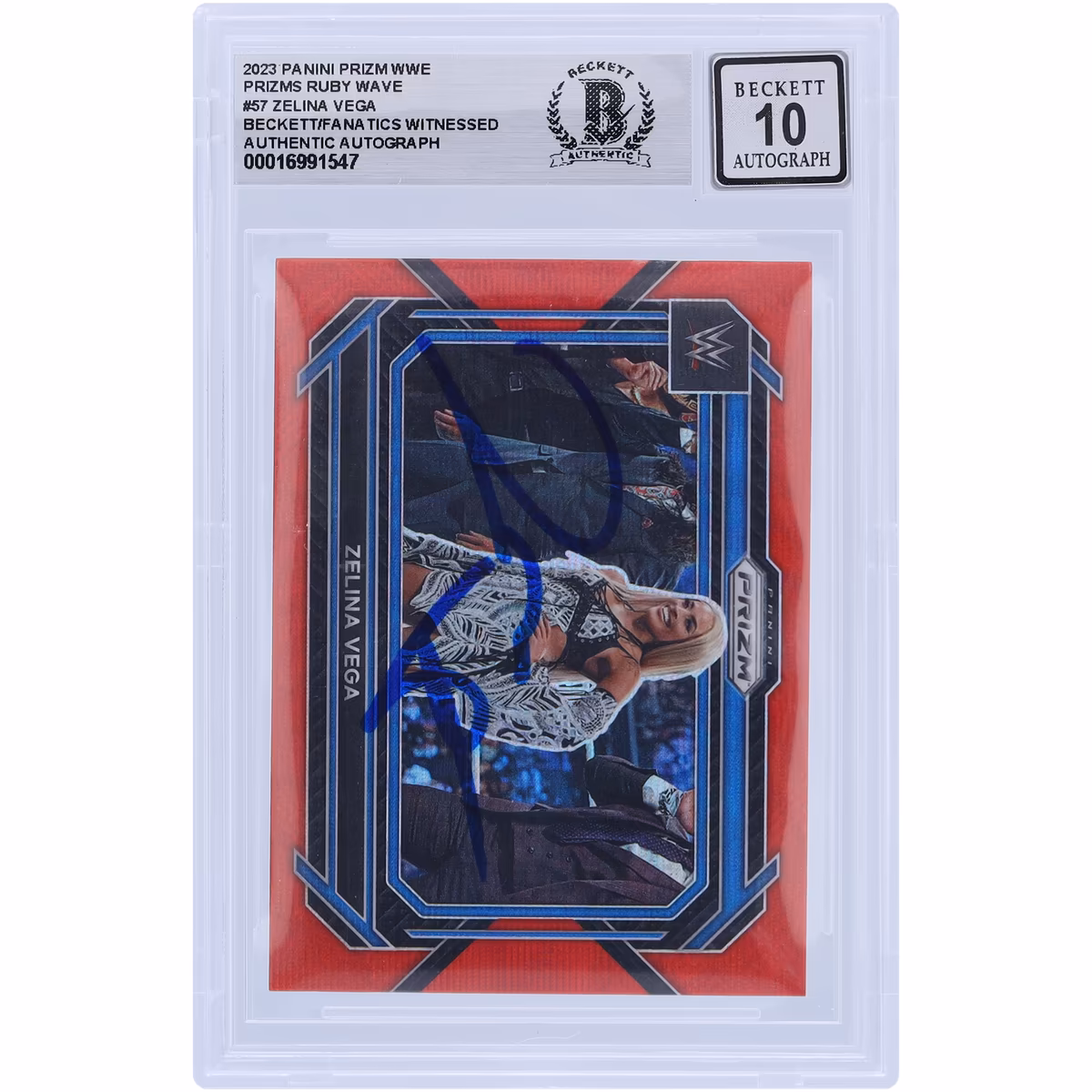 Zelina Vega WWE Autographed 2023 Panini Prizm Ruby Wave Prizm #57 Beckett Fanatics Witnessed Authenticated 10 Card 9 Zelina Vega WWE Autographed 2023 Panini Prizm Ruby Wave Prizm #57 Beckett Fanatics Witnessed Authenticated 10 Card
