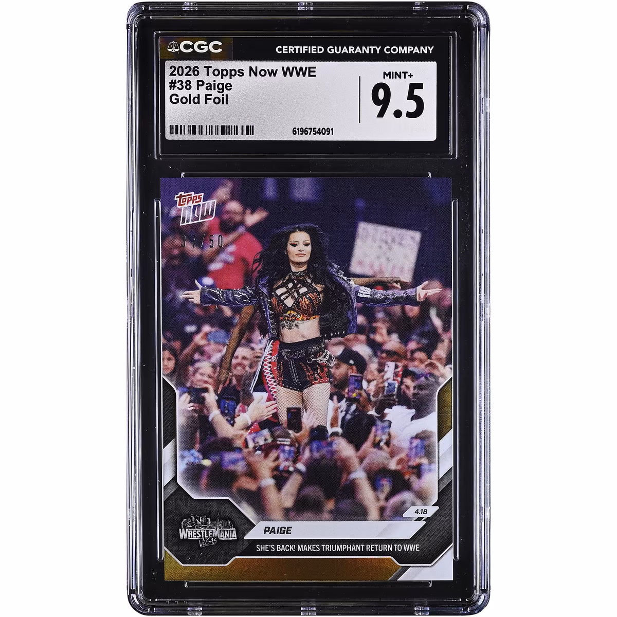 Paige WWE 2026 Topps Now She's Back! Makes Triumphant Return to Gold Foil #38 #/50 CGC Authenticated MINT+ 9.5 Card