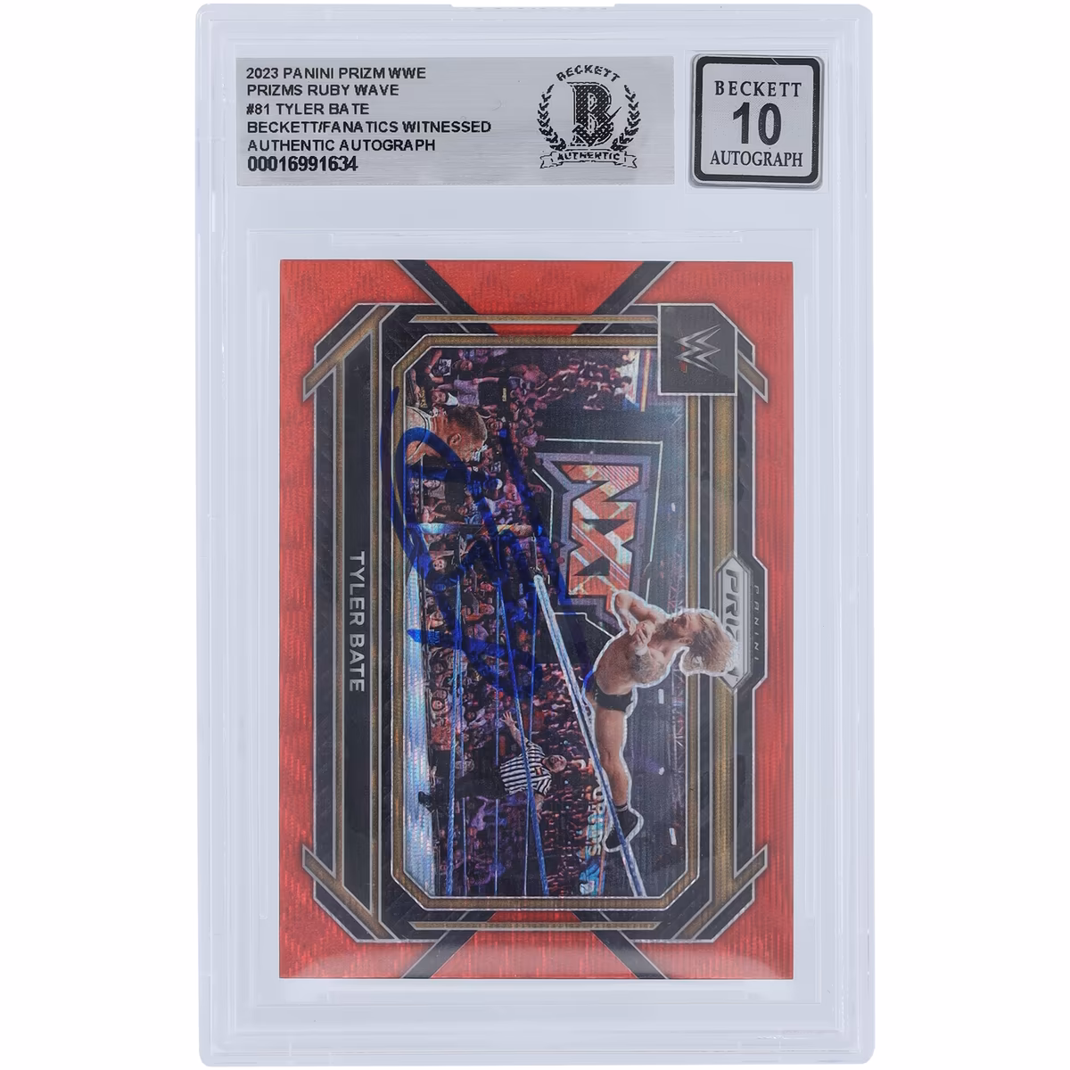 Tyler Bate WWE Autographed 2023 Panini Prizm Ruby Wave Prizm #81 Beckett Fanatics Witnessed Authenticated 10 Card 4 Tyler Bate WWE Autographed 2023 Panini Prizm Ruby Wave Prizm #81 Beckett Fanatics Witnessed Authenticated 10 Card