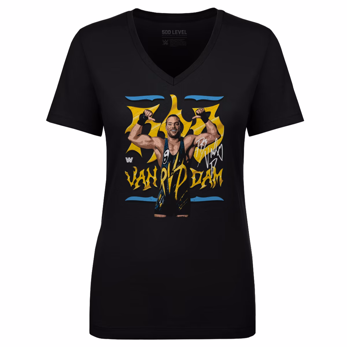 Women's 500 Level Black Rob Van Dam Pose V-Neck T-Shirt 1 Women's 500 Level Black Rob Van Dam Pose V-Neck T-Shirt