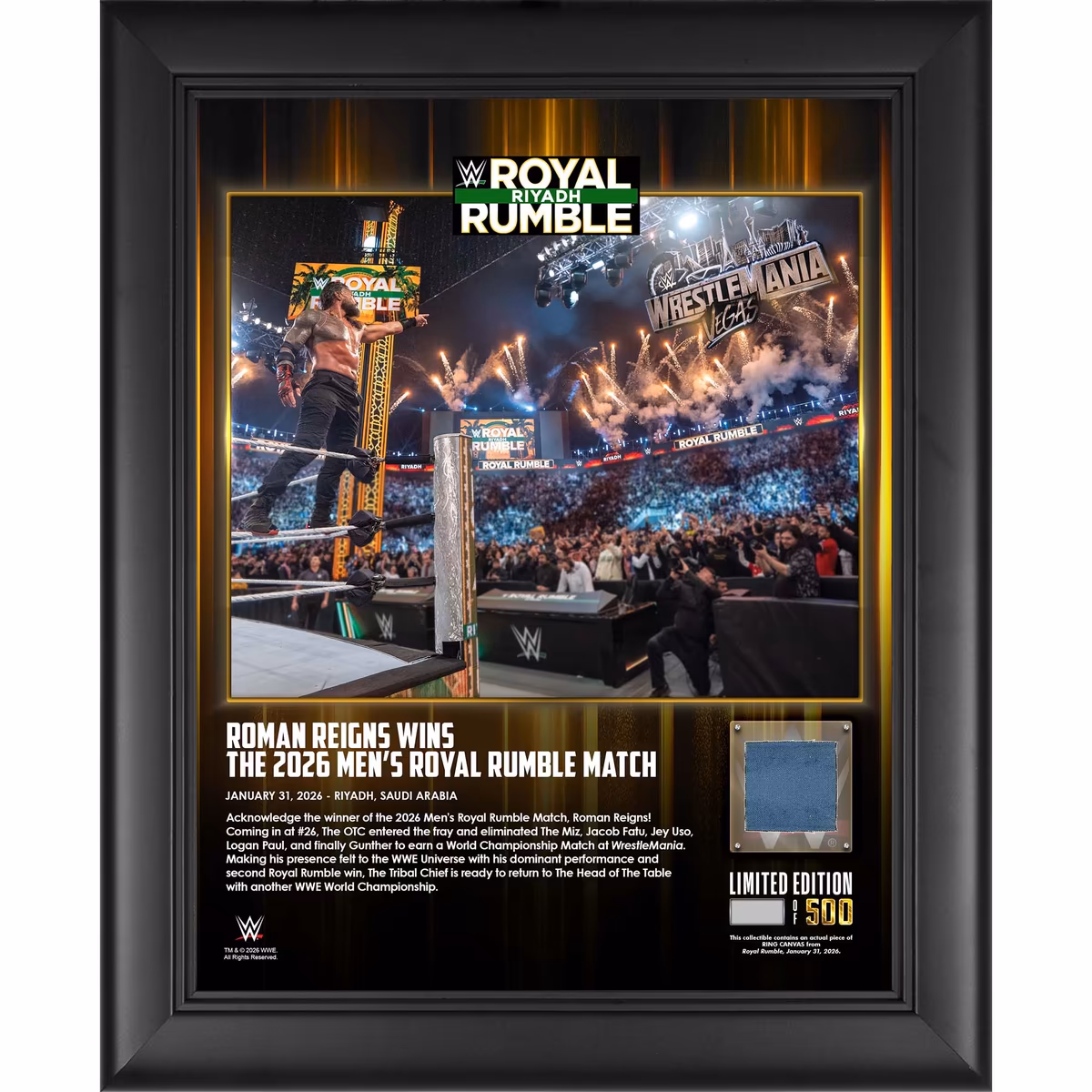 Roman Reigns WWE Framed 13" x 16" 2026 Royal Rumble Collage with a Piece of Match-Used Canvas - Limited Edition of 500 2 Roman Reigns WWE Framed 13" x 16" 2026 Royal Rumble Collage with a Piece of Match-Used Canvas - Limited Edition of 500