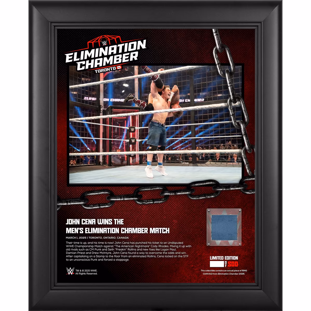 John Cena WWE Framed 13" x 16" 2025 Elimination Chamber Collage with a Piece of Match-Used Canvas - Limited Edition of 500 3 John Cena WWE Framed 13" x 16" 2025 Elimination Chamber Collage with a Piece of Match-Used Canvas - Limited Edition of 500