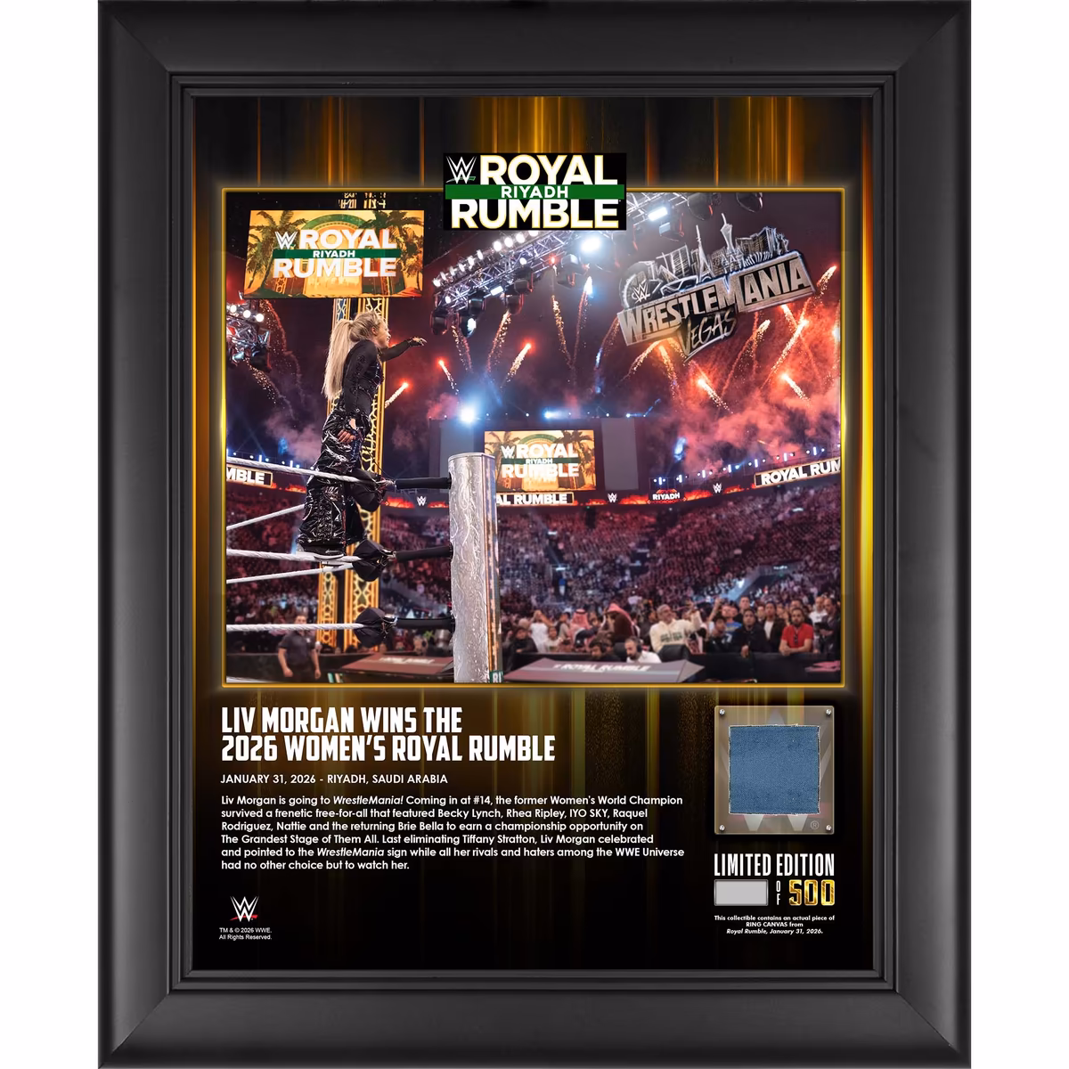 Liv Morgan WWE Framed 13" x 16" 2026 Royal Rumble Collage with a Piece of Match-Used Canvas - Limited Edition of 500