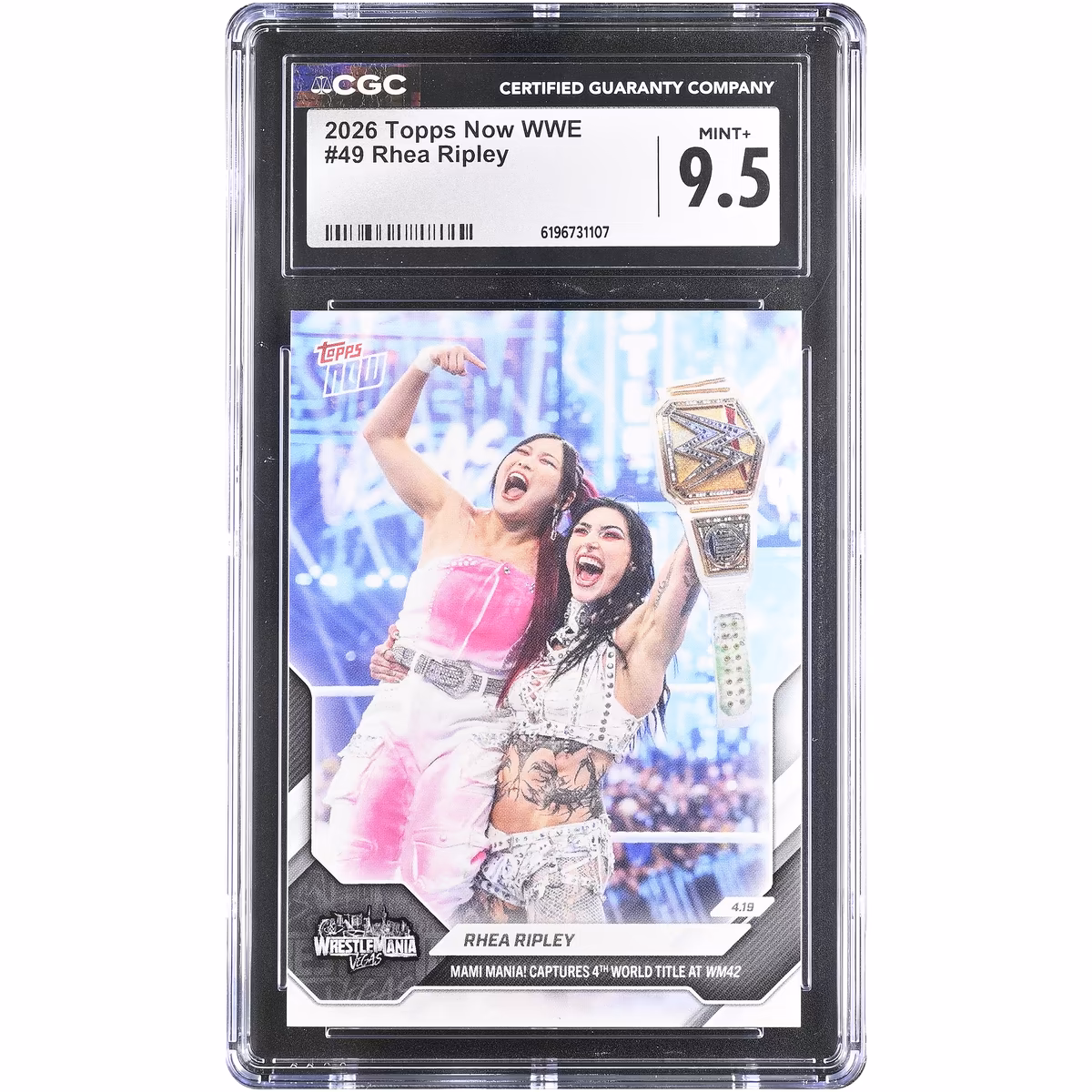 Rhea Ripley WWE 2026 Topps Now WWE Mami Mania! Captures 4th World Title at WM42 #49 CGC Authenticated MINT+ 9.5 Card 2 Rhea Ripley WWE 2026 Topps Now WWE Mami Mania! Captures 4th World Title at WM42 #49 CGC Authenticated MINT+ 9.5 Card