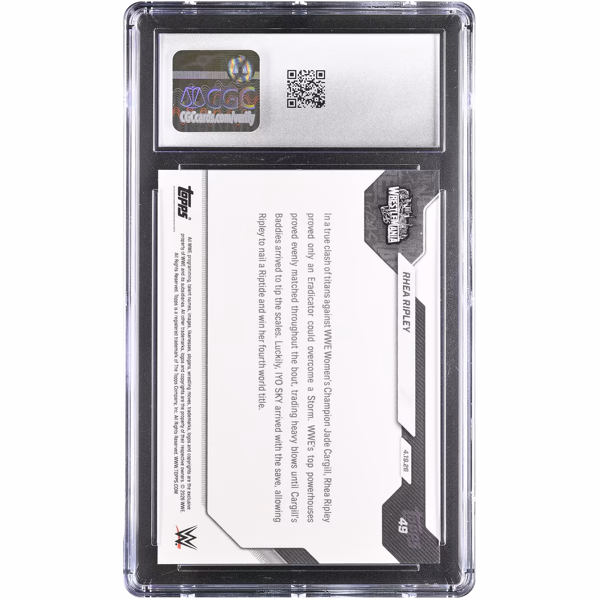 Rhea Ripley WWE 2026 Topps Now WWE Mami Mania! Captures 4th World Title at WM42 #49 CGC Authenticated MINT+ 9.5 Card 3 Rhea Ripley WWE 2026 Topps Now WWE Mami Mania! Captures 4th World Title at WM42 #49 CGC Authenticated MINT+ 9.5 Card